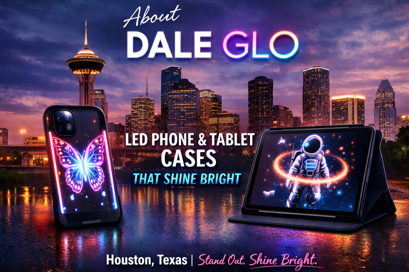 An advertisement for LED phone and tablet cases featuring a city skyline at dusk, with a smartphone displaying a neon butterfly and a tablet with a space-themed astronaut graphic, set against a reflection in the water. The text promotes Dale Glo in Houston, Texas.