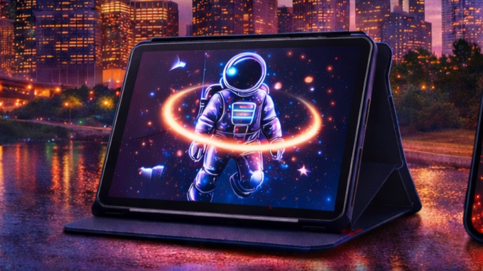 Tablet with an animated astronaut floating in space on the screen, with city skyline in the background.