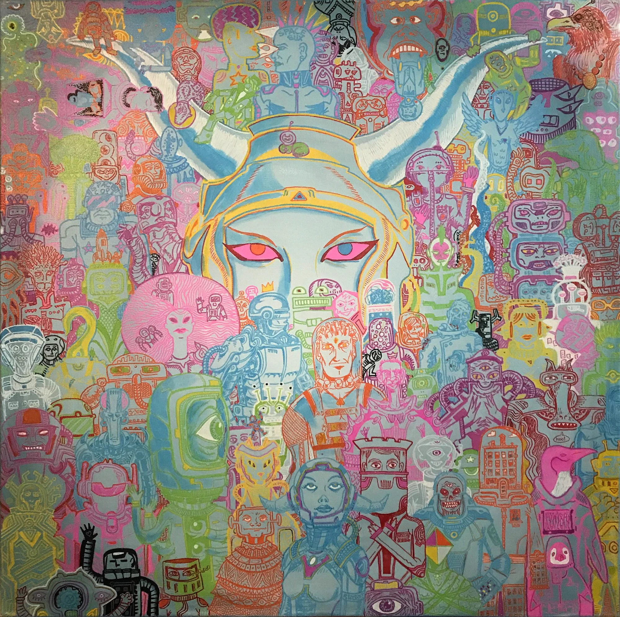 Graduating Class of Astronauts #6: Greater Nebula Community College - Pillars of Creation. 2018 "Creation is turbulent. It is up to us to create harmony." 36"x36" Oil based pens and acrylic on Canvas
$2000