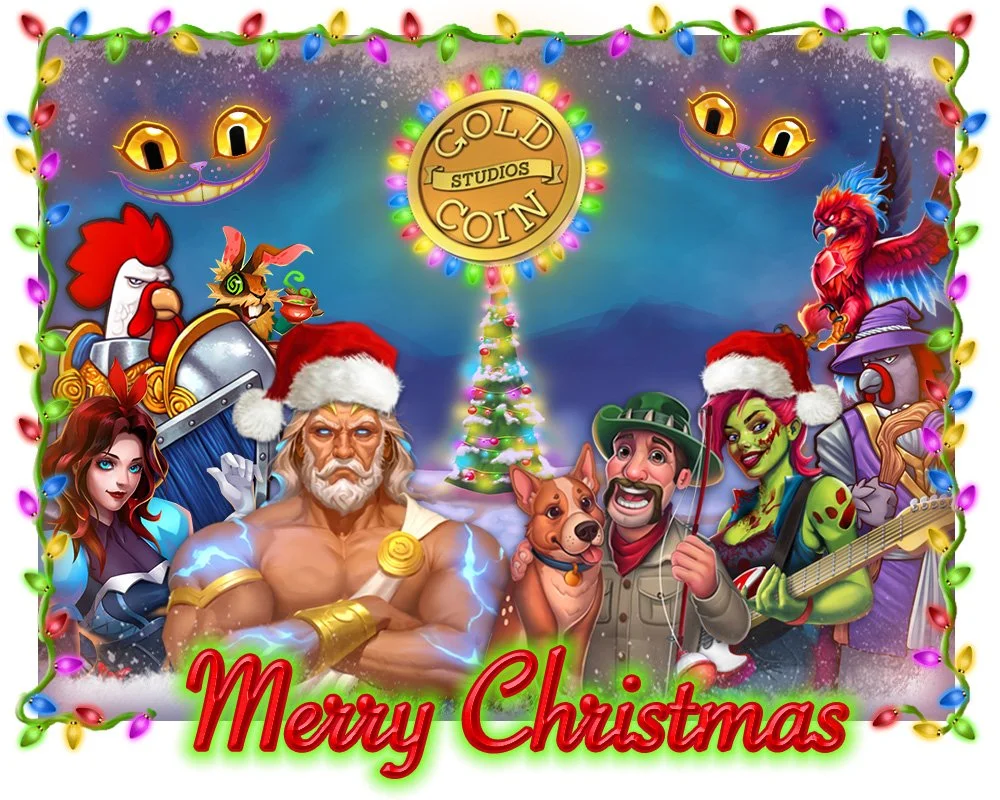 Studio Christmas card featuring characters from all the games that year.