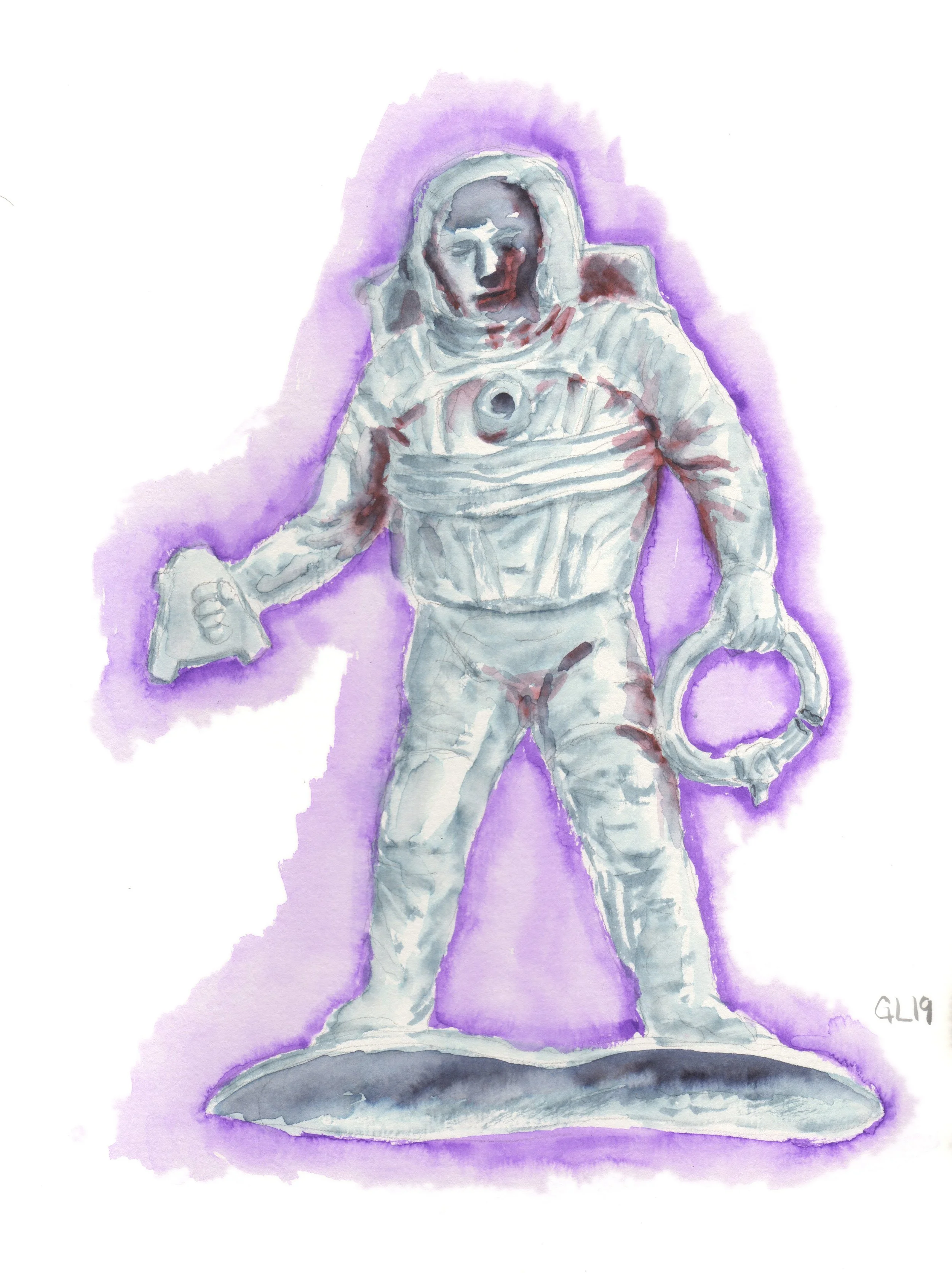 Astro Gilbert - based on a plastic figurine I was given while at an artist residency in France. Watercolor on 8x11 paper