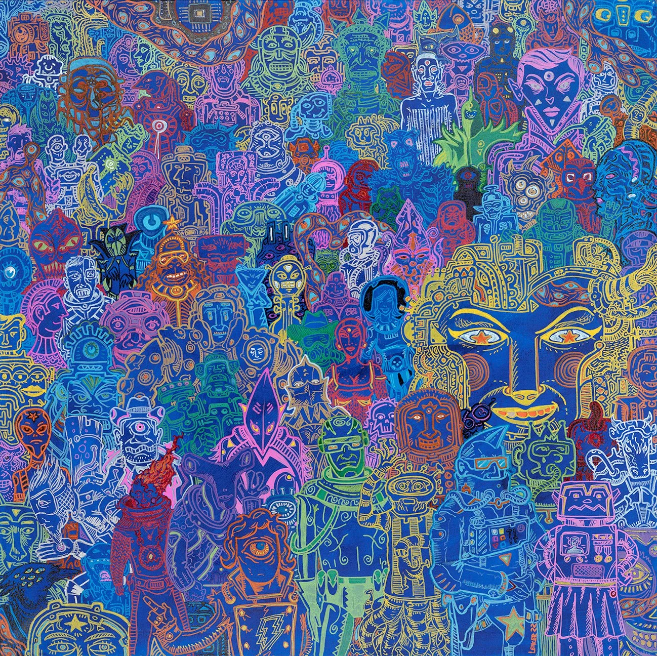 Graduating Class of Astronauts #8: Arecibo Galactic University - Rogue Planet PSO J318.5−22. "Sailing through the Galaxy of Knowledge and Learning." 2021. 36"x36" Oil based pens and acrylic on Canvas $2000