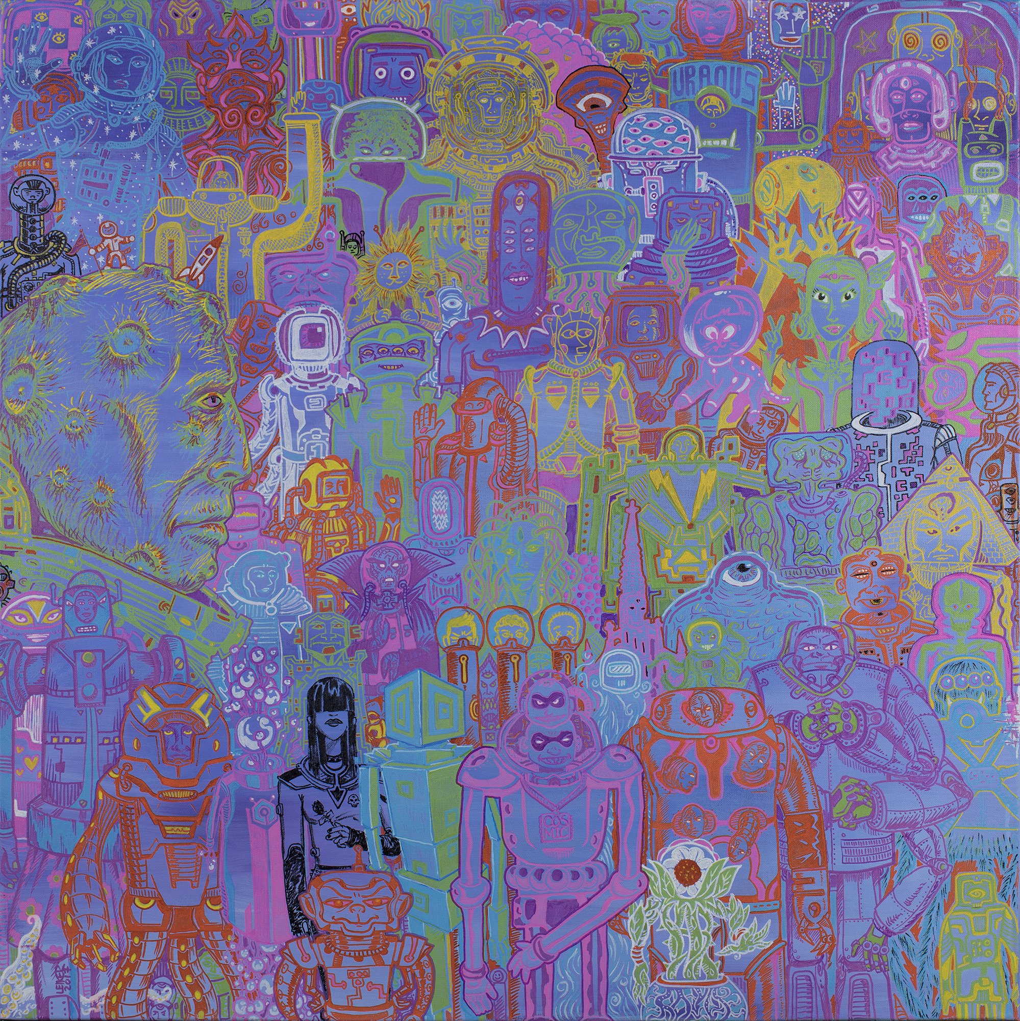 Graduating Class of Astronauts #2: Galactic Imperial College - Fornax Constellation. 2017. "Working together to solve the mysteries of the universe and the wonder of ourselves." 36"x36" Oil based pens and acrylic on Canvas
$2000