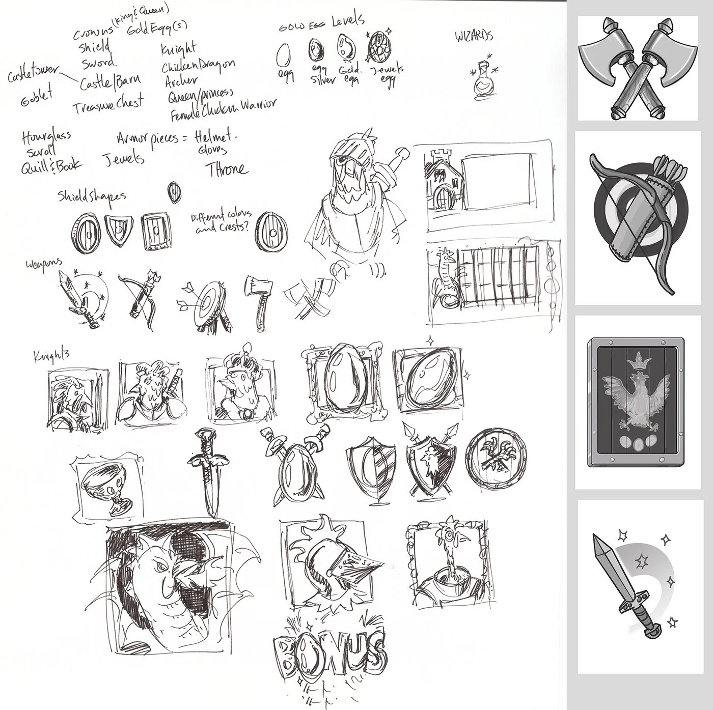 Knights of the Golden Egg concepts done for Gold Coin Studios. I even did some more polished concepts for the slot symbols.