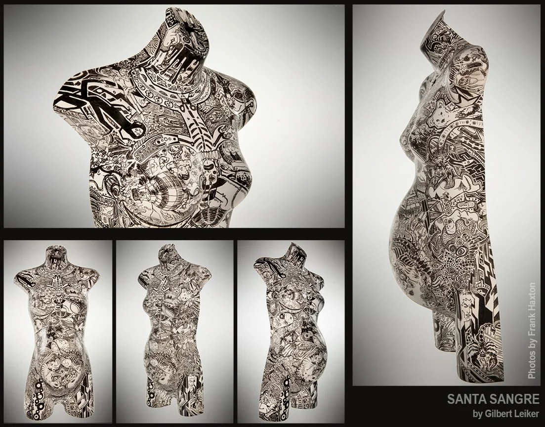 Santa Sangre - Ink on plastic maternity mannequin. Approx 32 inches tall, 18 inches wide and 9 inches deep.
$400