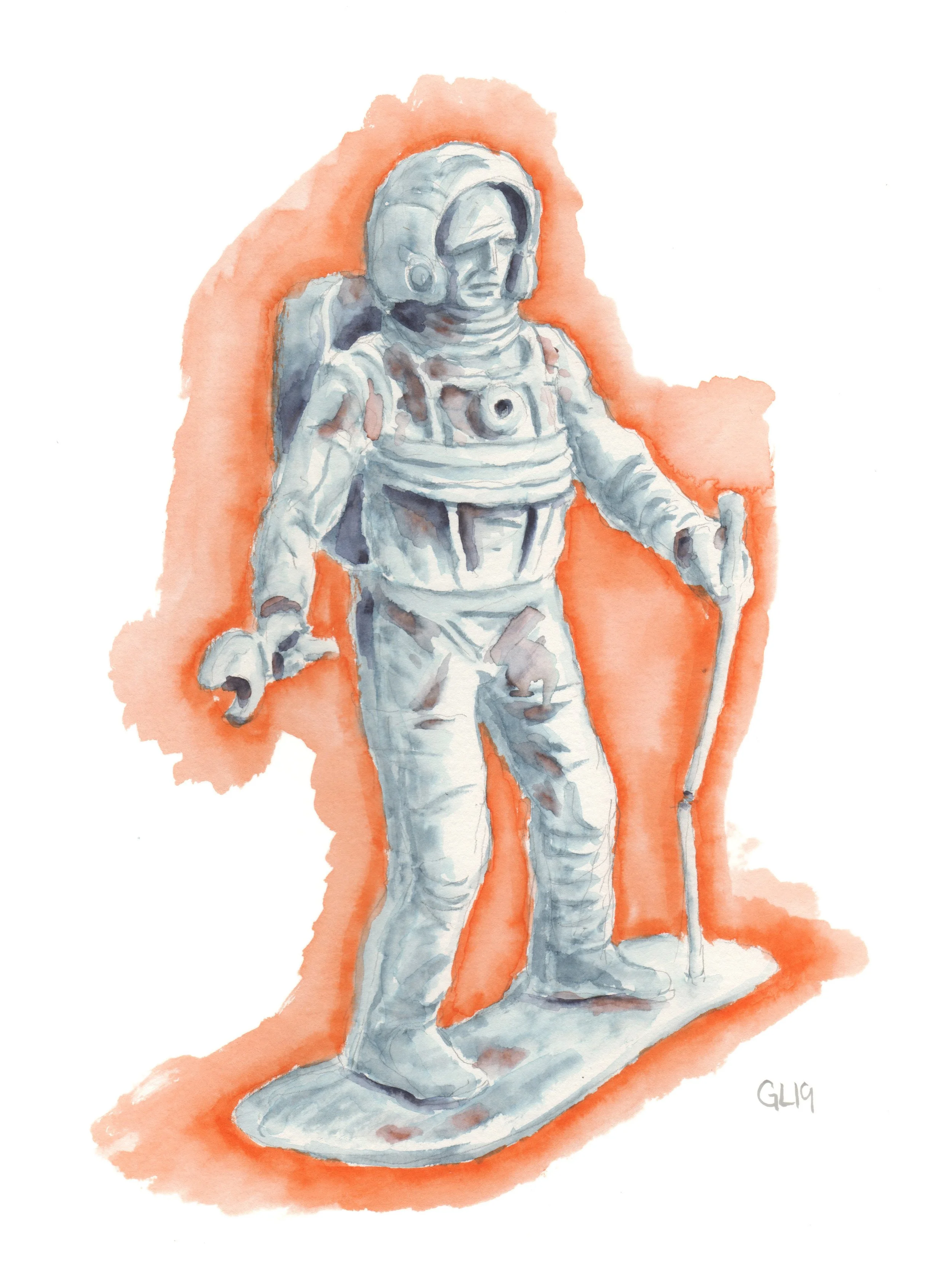 Astro Guy - based on a plastic figurine I was given while at an artist residency in France. Watercolor on 8x11 paper