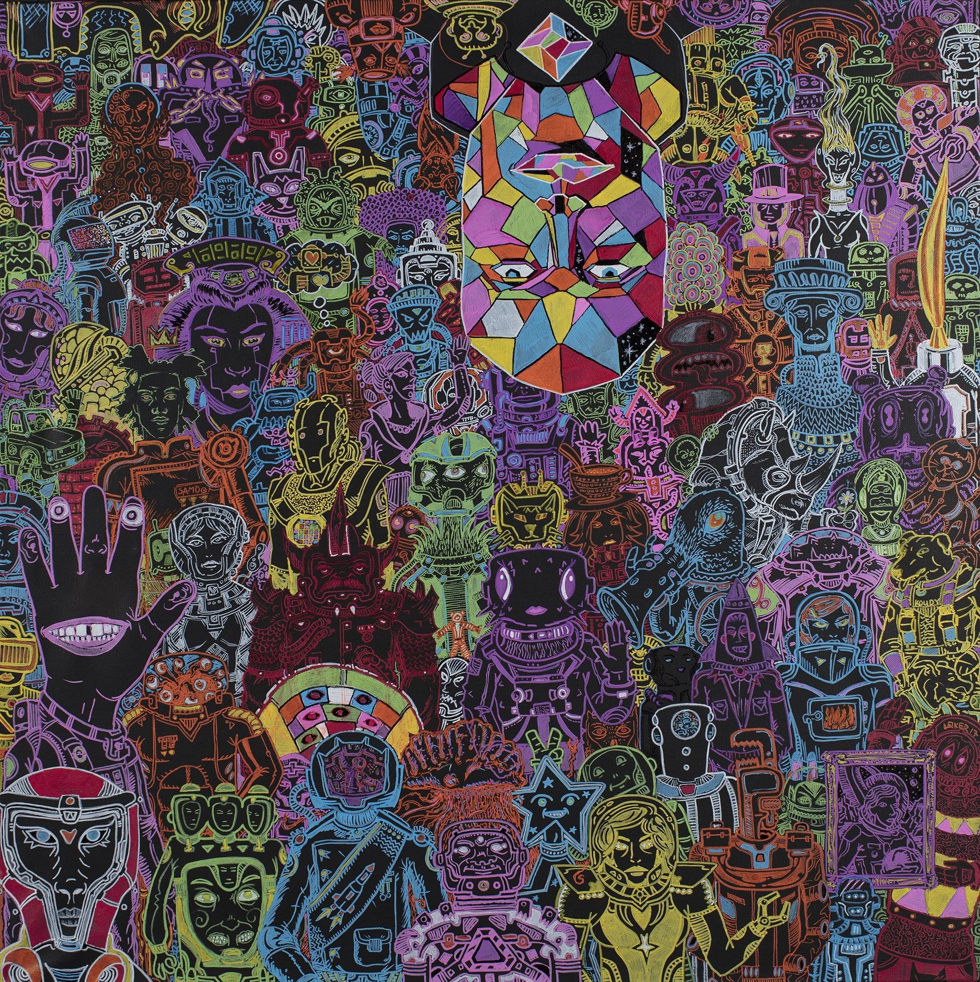 Graduating Class of Astronauts #5: Xibalba Galactic University - Orion Nebula. 2018. "The best way to learn about ourselves an our place in the universe, is to learn about others." 36"x36" Oil based pens and acrylic on Canvas
$2000