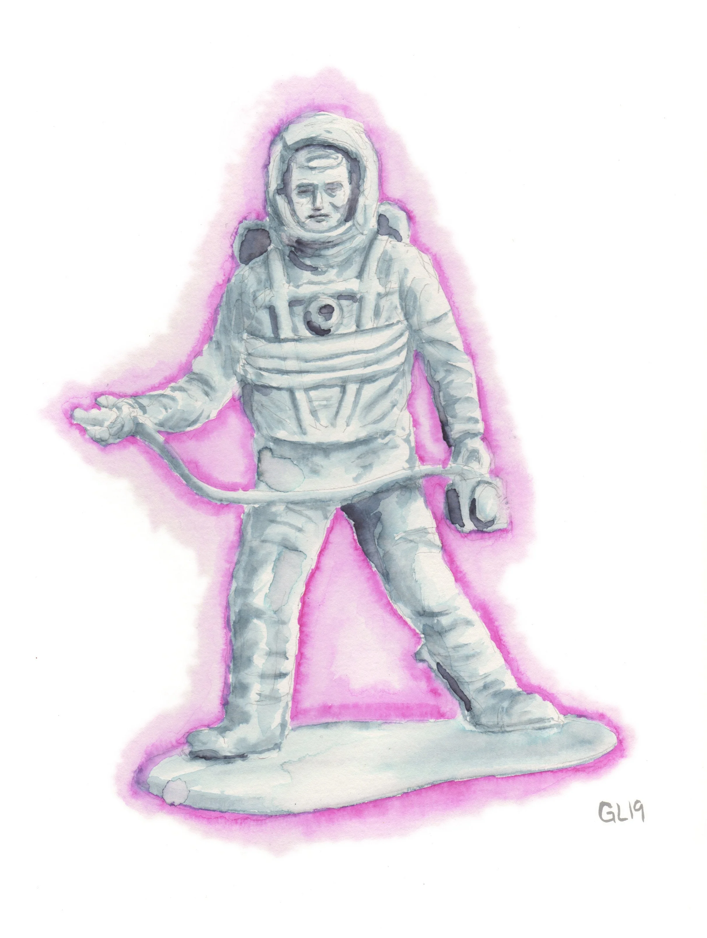 Astro Jean-Luc - based on a plastic figurine I was given while at an artist residency in France. Watercolor on 8x11 paper