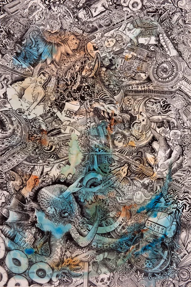 Octophant Vs. The Sharkrillas, 2009
Watercolor and Pen on Illustration Board, 20x30
$700