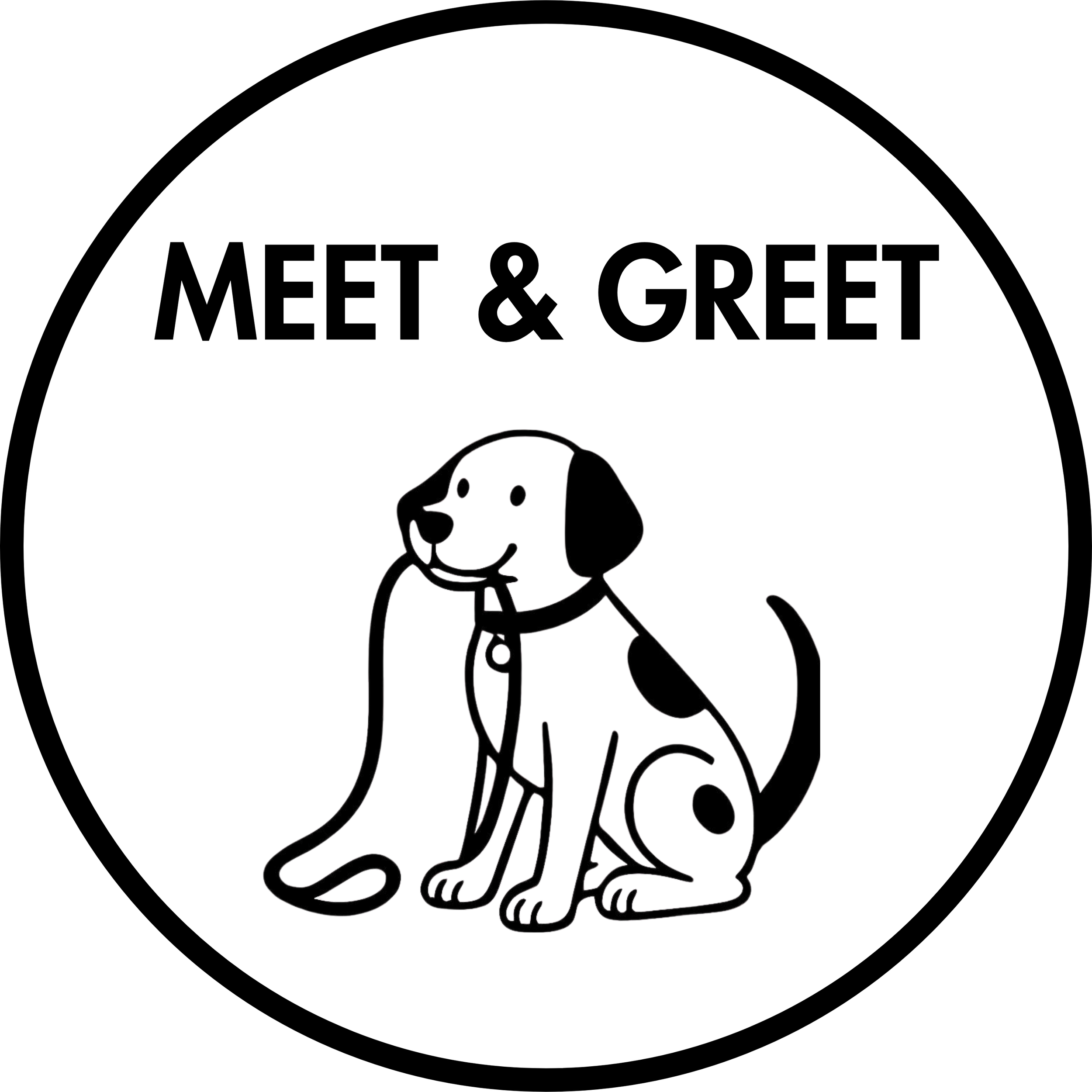 Outline drawing of a happy dog holding a leash. With the words "Meet & Greet".