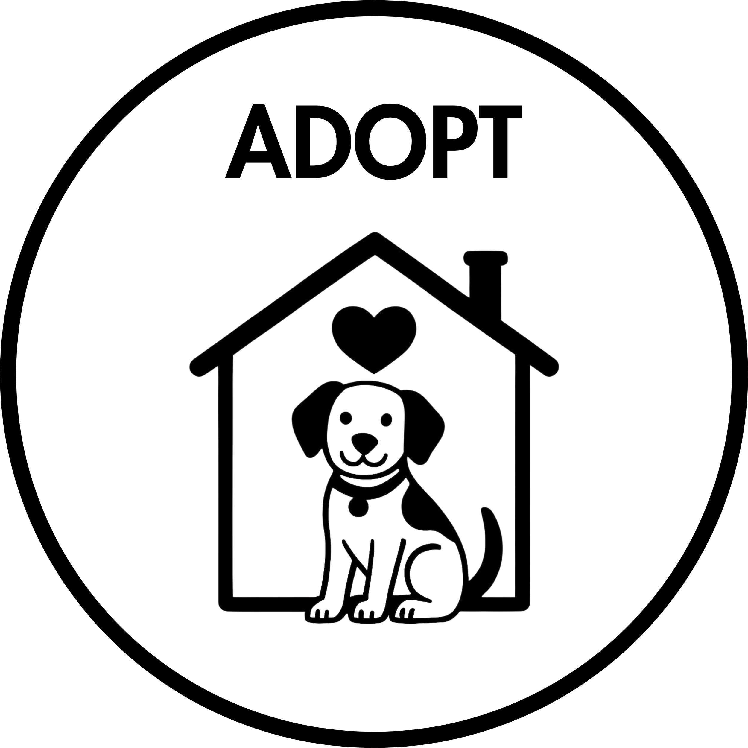 Outline of a house with a chimney, trees,  and a dog in front of the house with a heart above its head. With the word "Adopt".