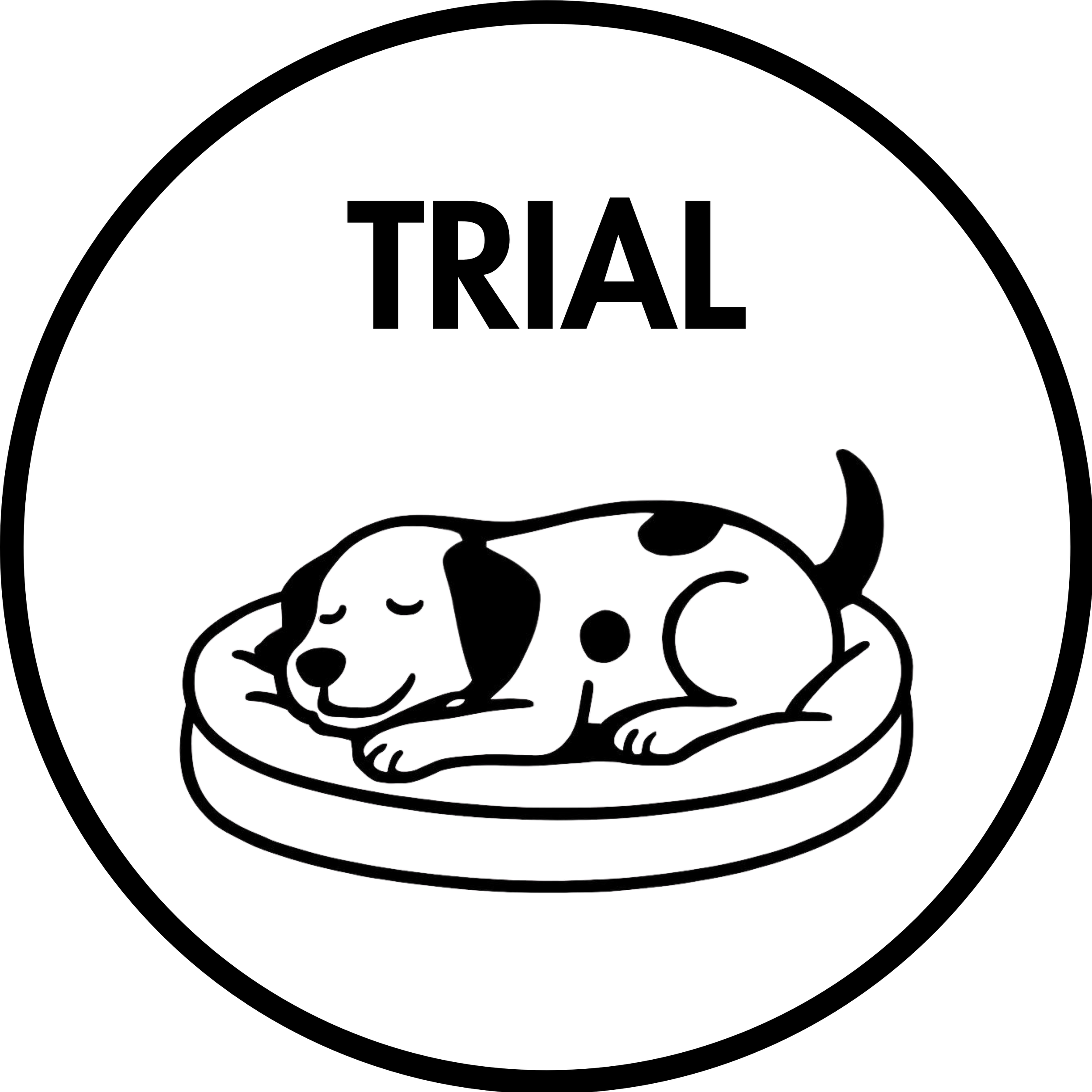 Outline drawing of a cartoon dog sleeping happily on a dog bed. With the word "Trial".