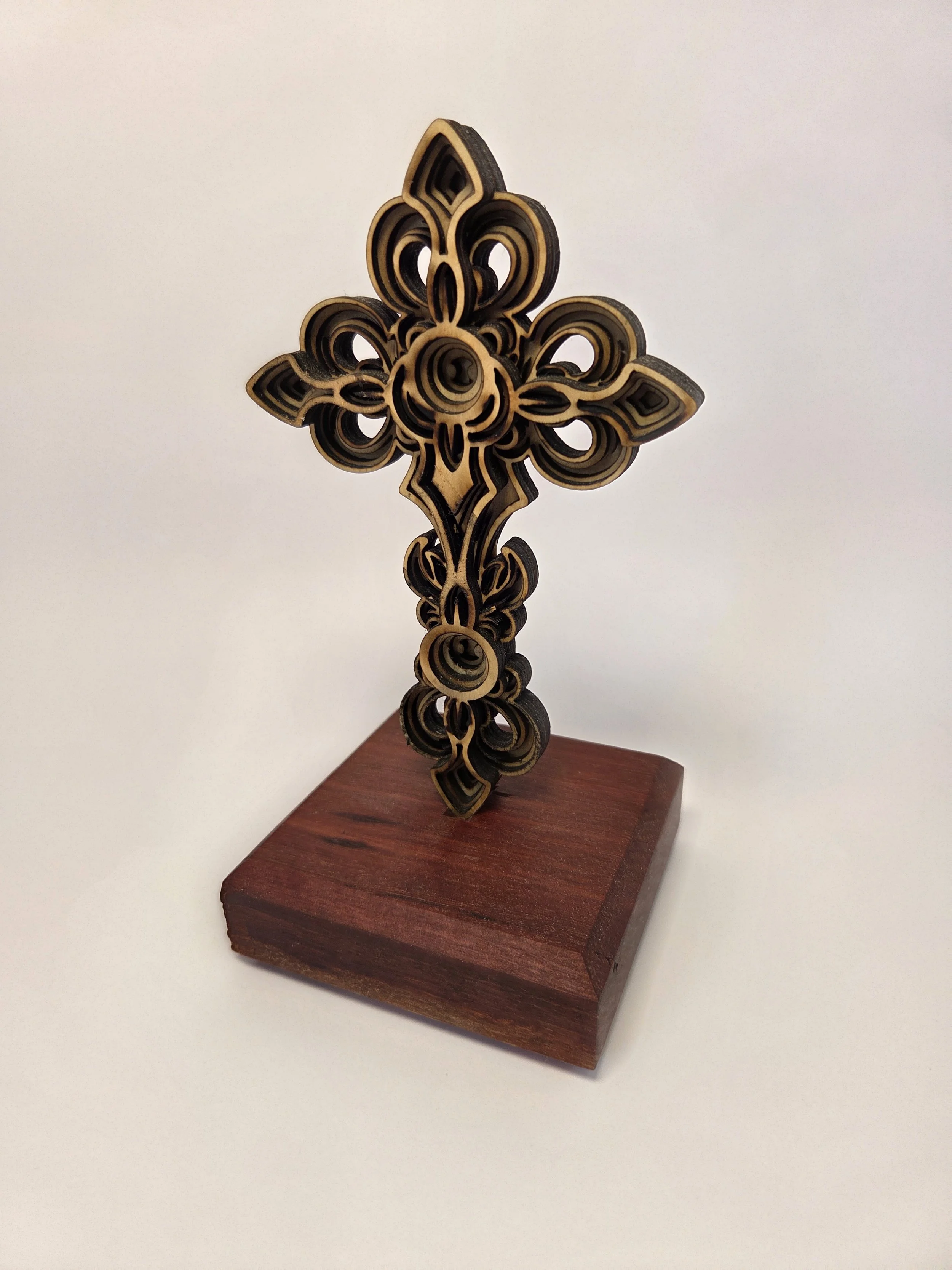 Handmade mandala cross mounted on hardwood base