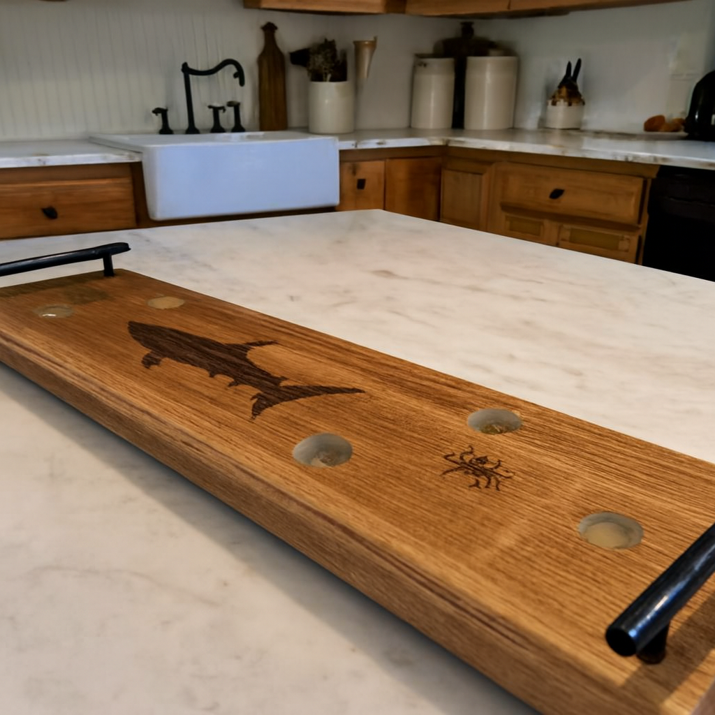 Ocean inspired charcuterie board with inlayed shells 