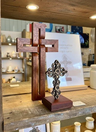 Religious themed art pieces, under & over cross and a mandala neo-gothic mounted cross 