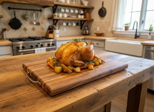 Reclaimed handmade hardwood chopping board looking delicious 
