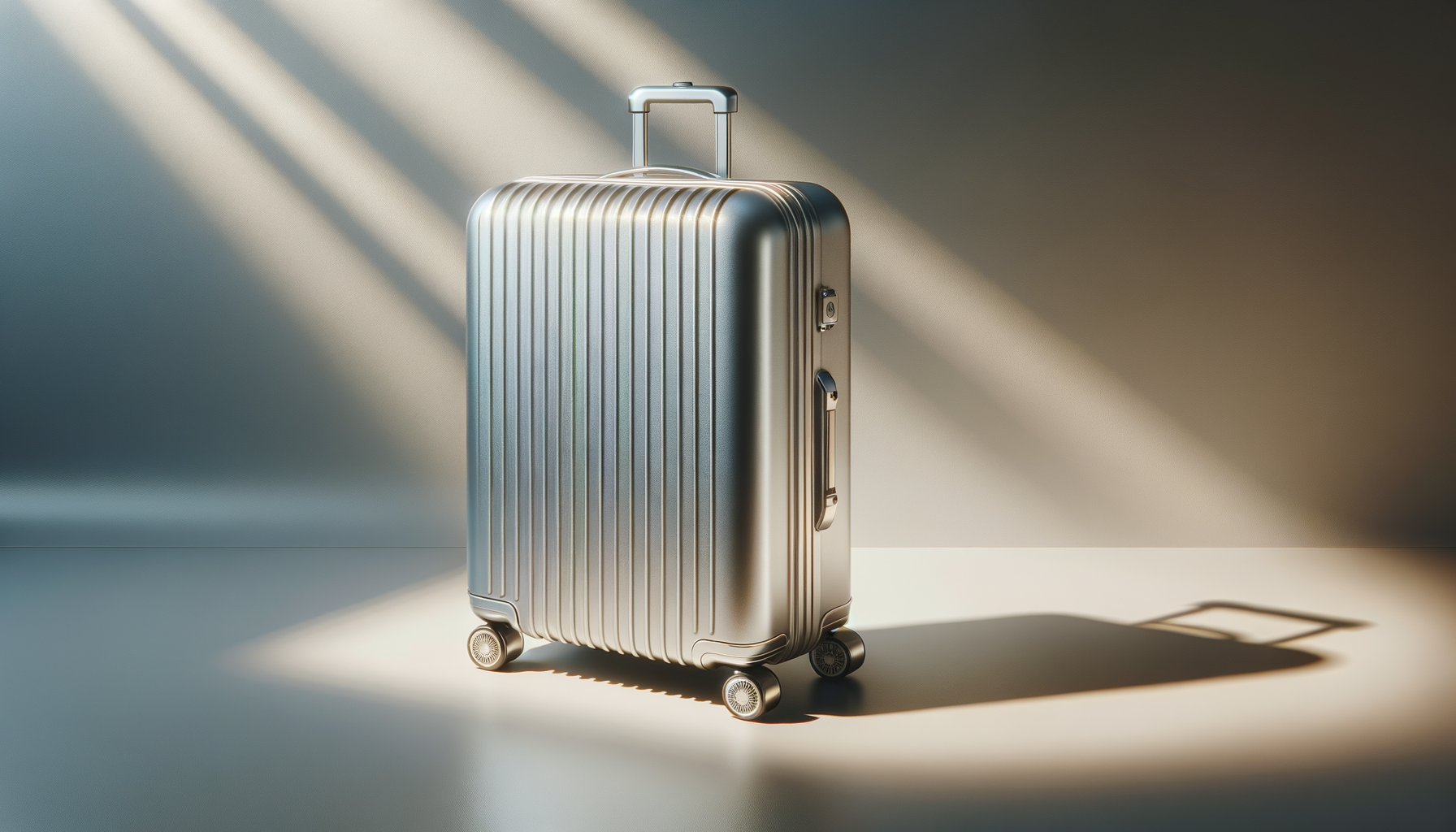 Silver hard-shell rolling suitcase with vertical ridges, handle extended, and built-in lock, placed on a surface with light and shadow.