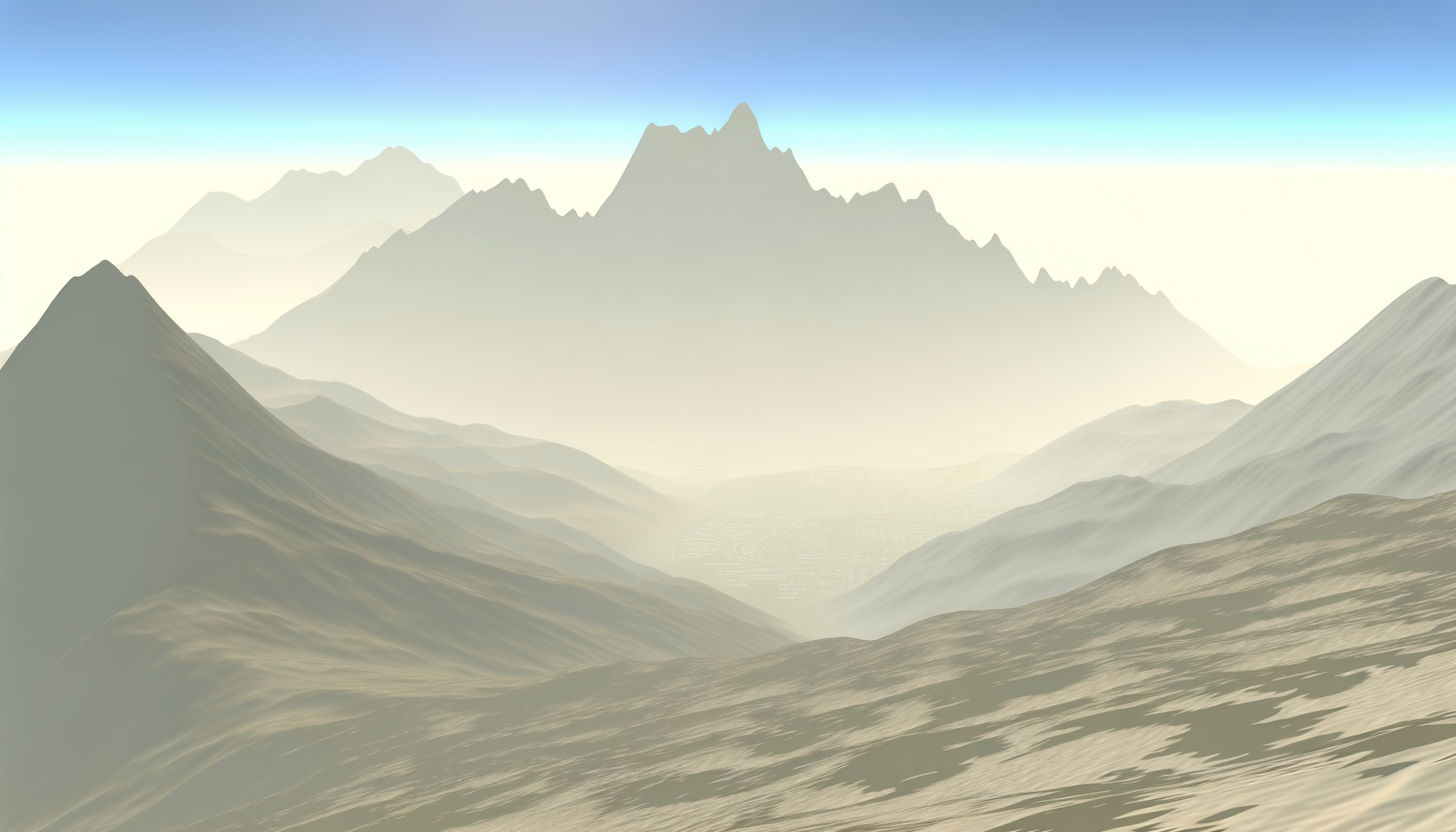 A digital illustration of a mountain landscape with multiple mountain peaks fading into the distance, under a clear sky.
