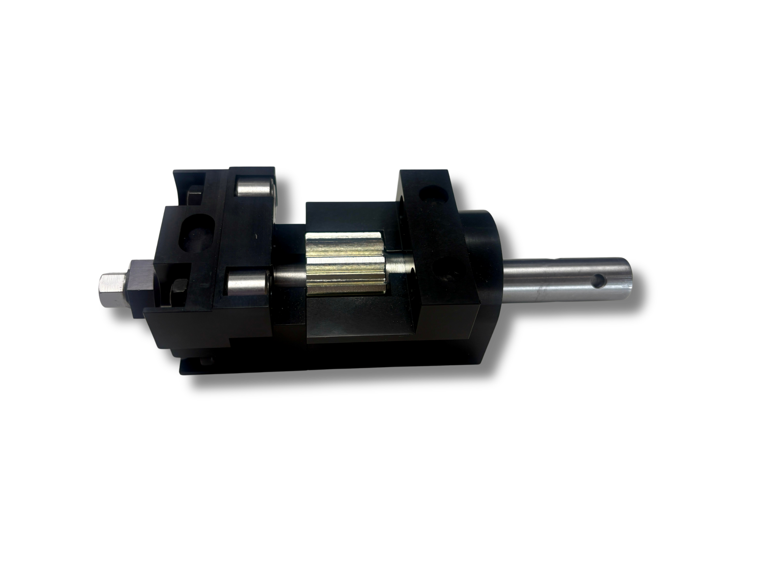 Vroom Slide System component with black plastic and metal parts, including a cylindrical shaft, set against a clear background.