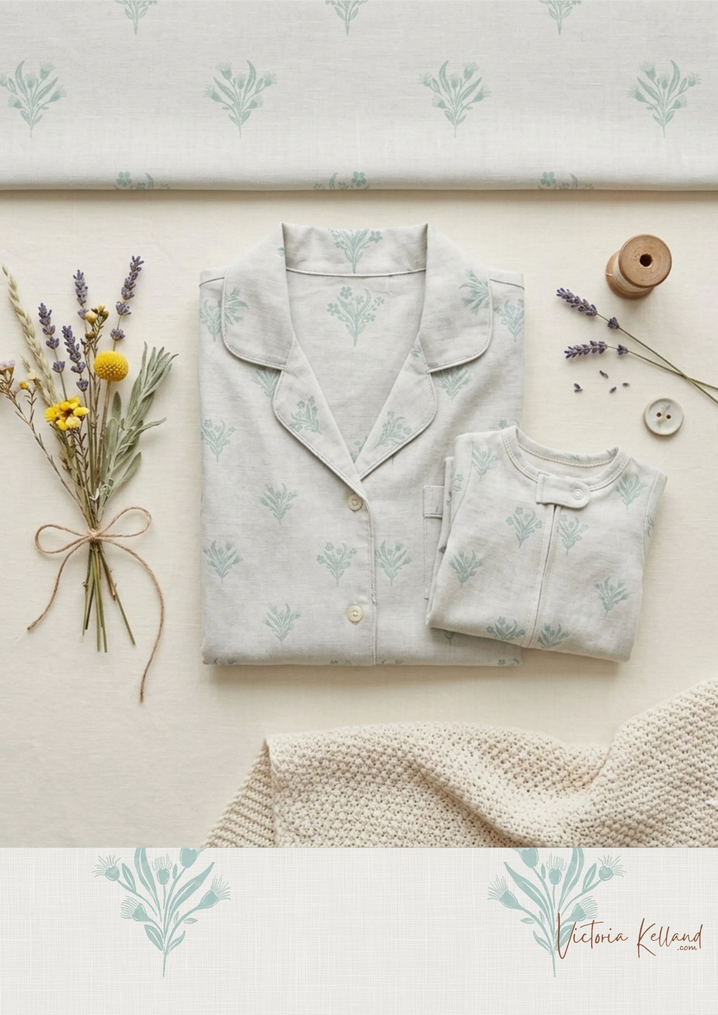 A set of matching light-colored pajamas with a delicate blue floral pattern, folded neatly, with a small bouquet of dried flowers, a button, a jar, and a textured blanket on a light background.