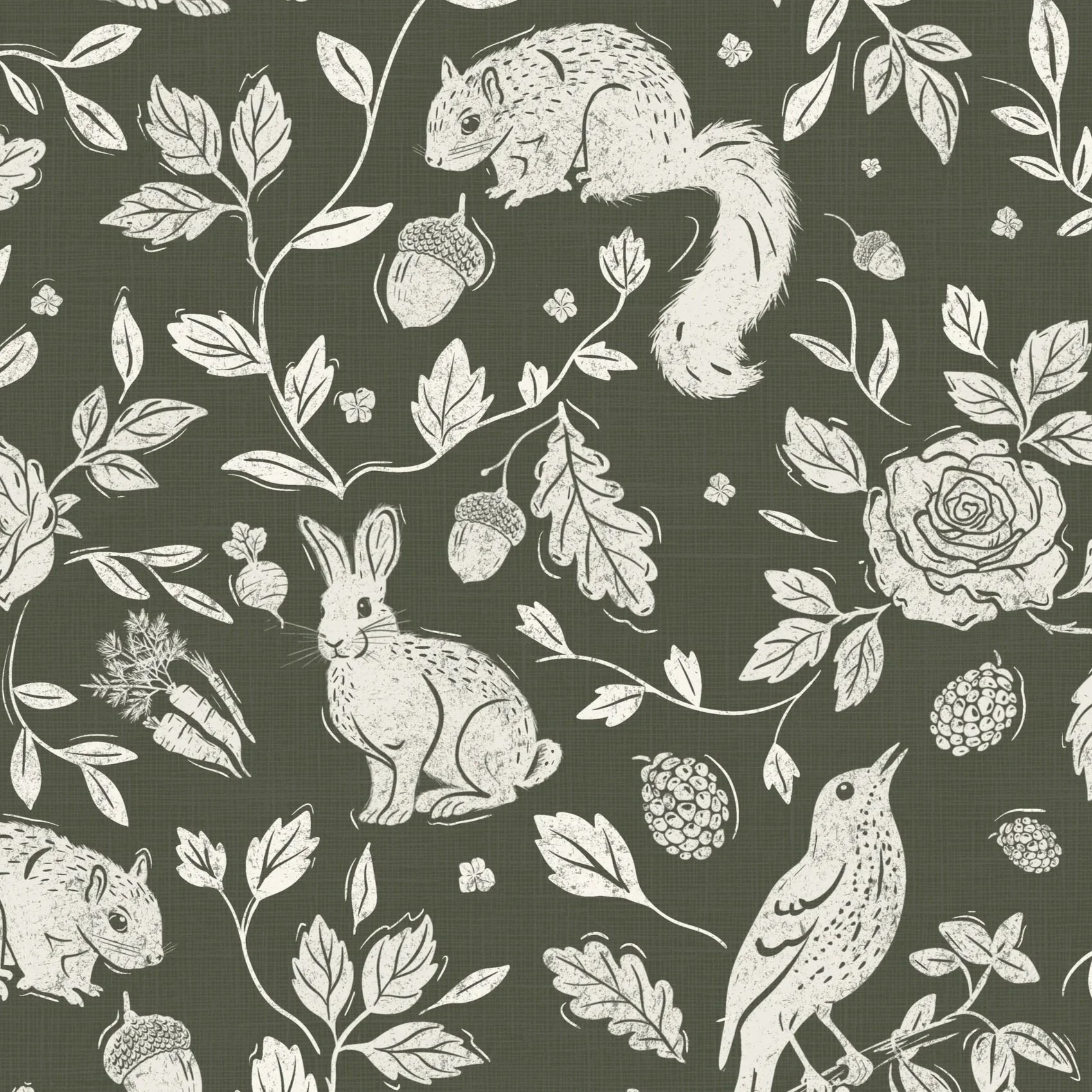 Woodland Pattern with rabbits, squirrels, birds, roses, acorns, and berries in a vintage style.