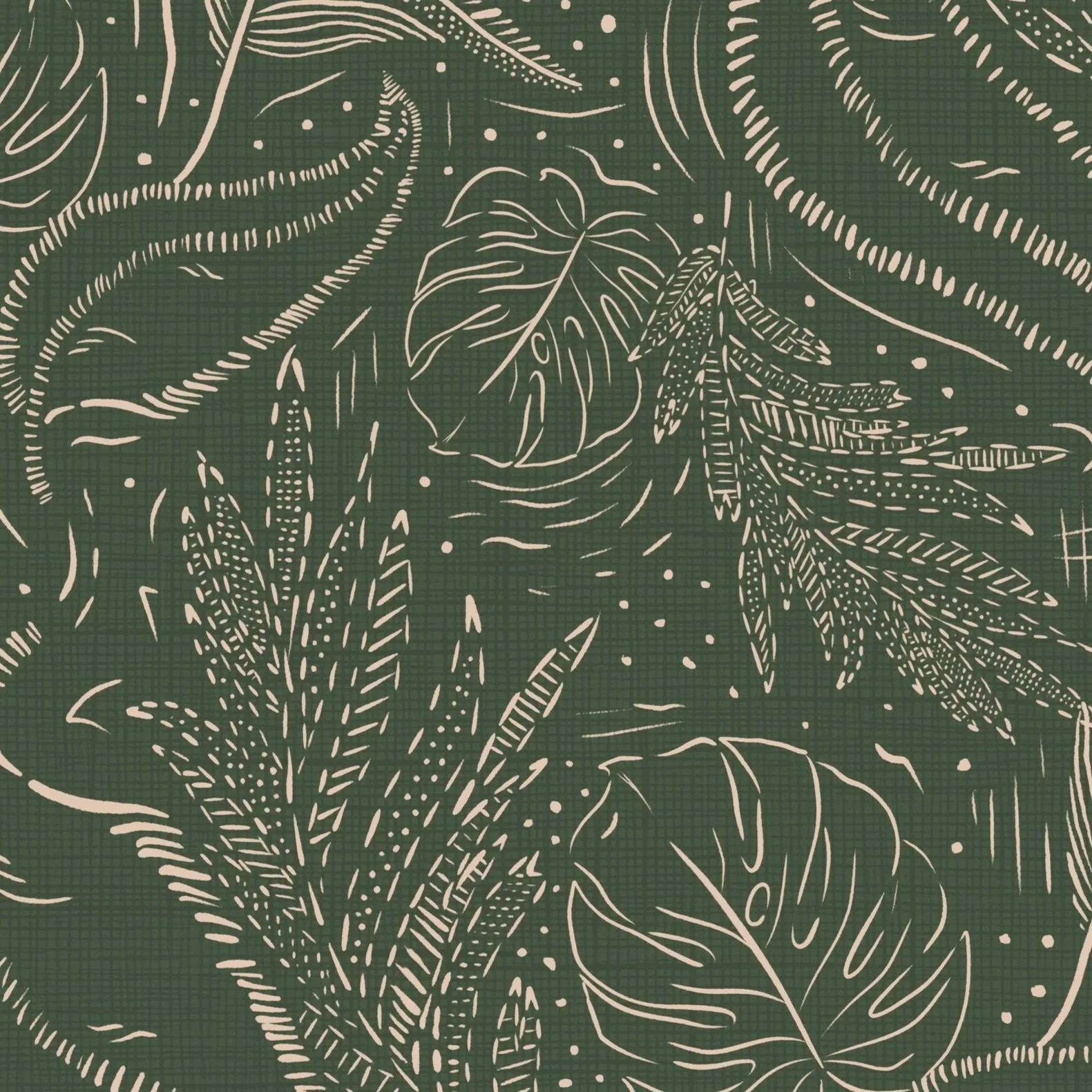 Pattern with various tropical leaves, including monstera and palm leaves, drawn in cream on a green background.