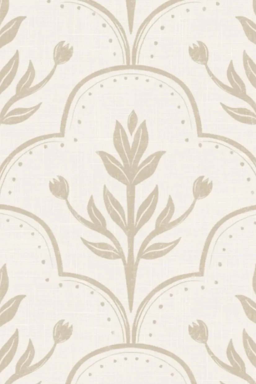 Beige wallpaper with a floral damask pattern featuring stylized flowers and leaves, and small dotted embellishments, designed by Victoria Kelland, available to license on Patternbank.com 