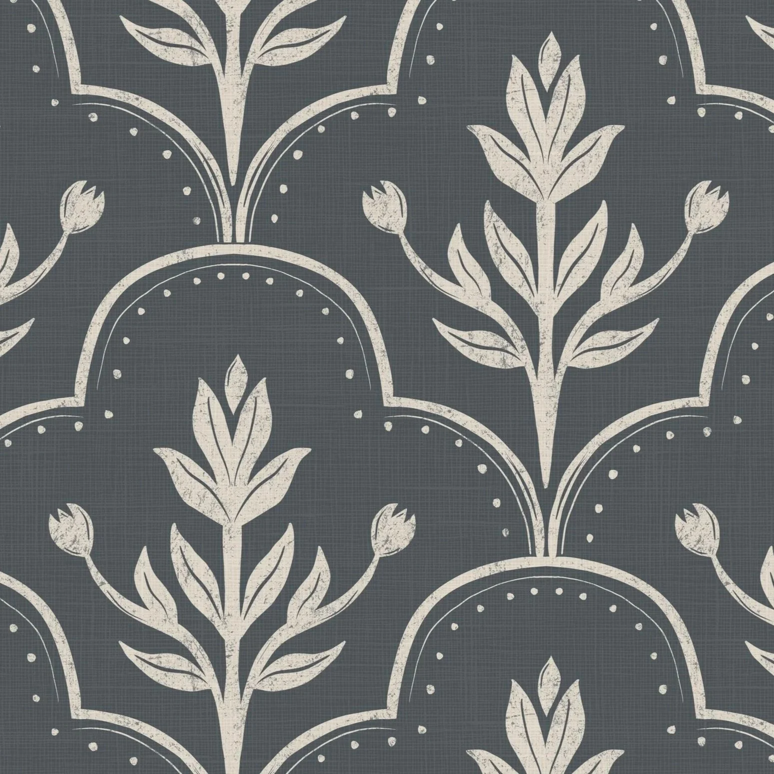 A repeating pattern of white floral motifs with leaves on a textured Navy background. Available to license on Patternbank. Large scale pattern, perfect for wallpaper, bedding and homewares