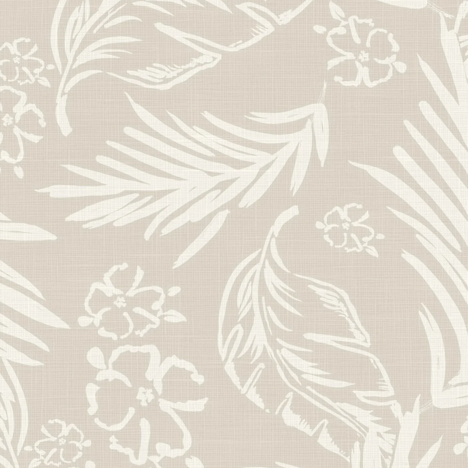 Light beige floral wallpaper pattern with white tropical leaves and flowers.