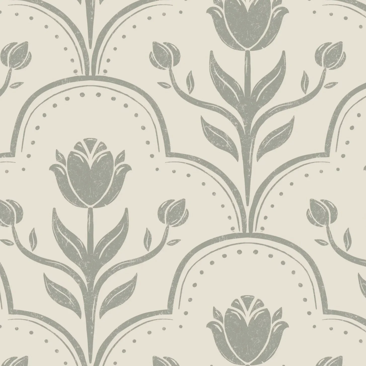 Pattern of stylized tulips with buds in subdued green and cream colors, arranged in a repeating, scalloped design.