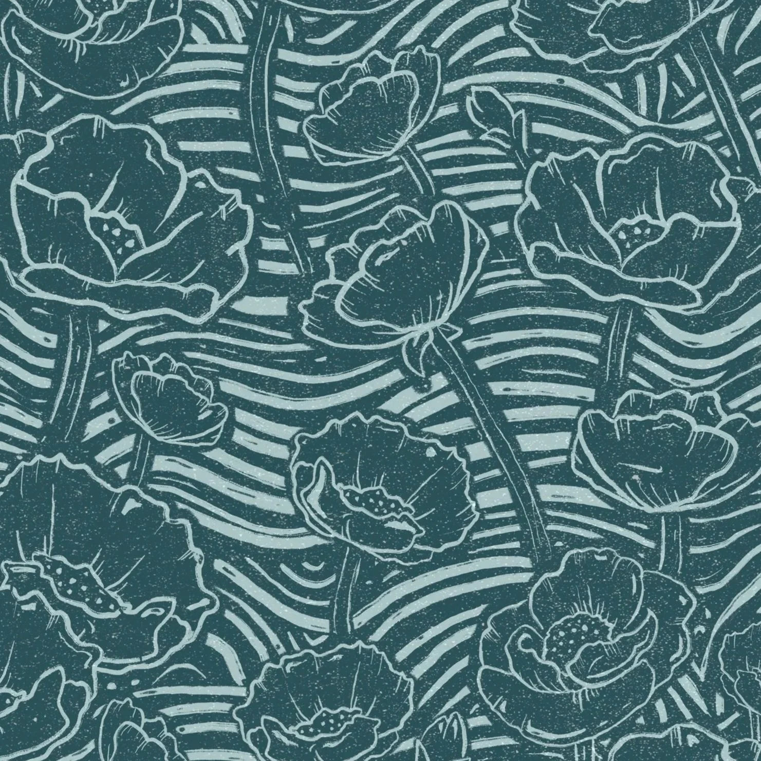 A decorative pattern featuring stylized poppies with flowing lines and wavy background elements in a monochromatic teal color scheme.