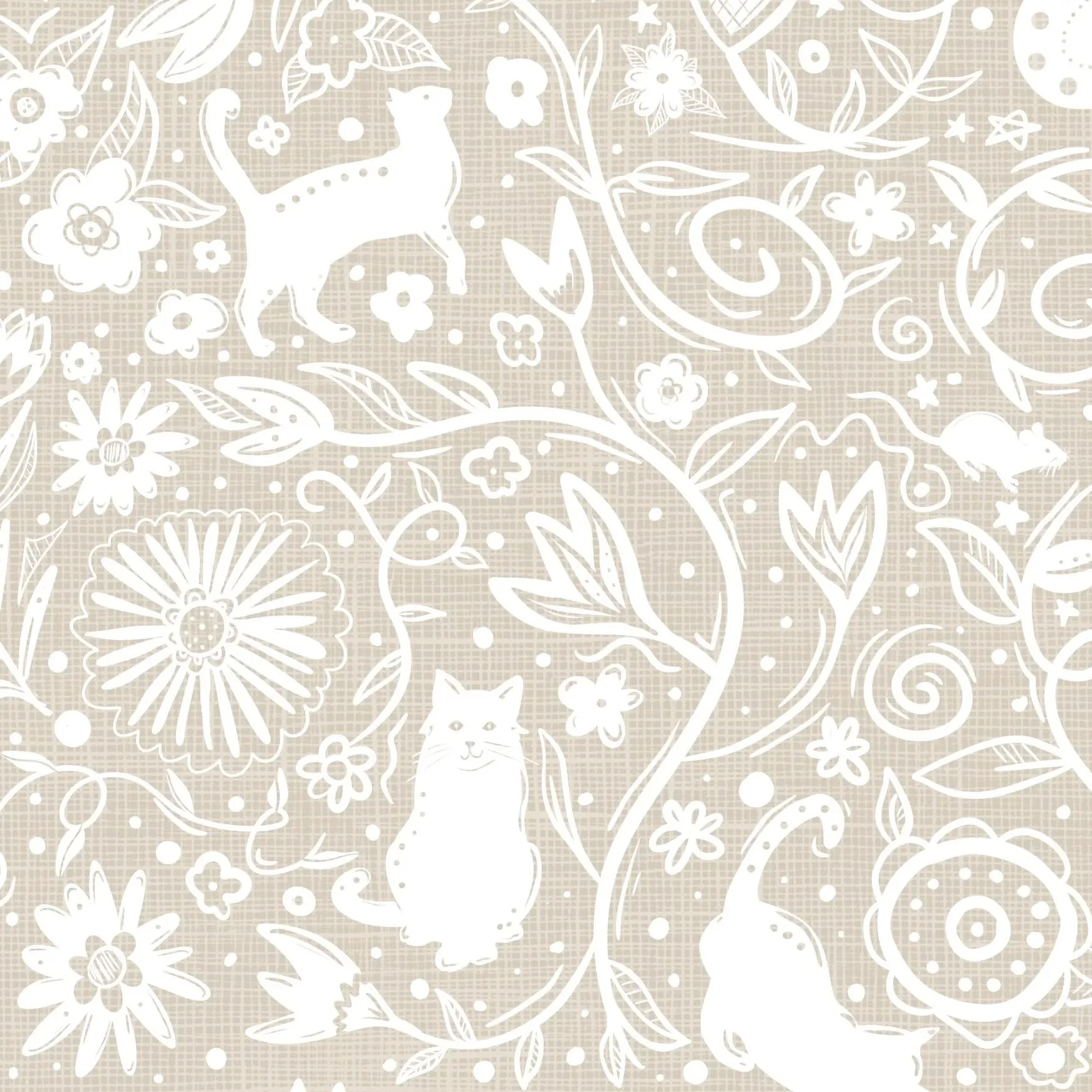 A beige and white floral pattern featuring cats, mice, flowers, stars, moons, and other garden elements in a whimsical, hand drawn design. Available to buy as fabric, wallpaper and homewares on Spoonflower 