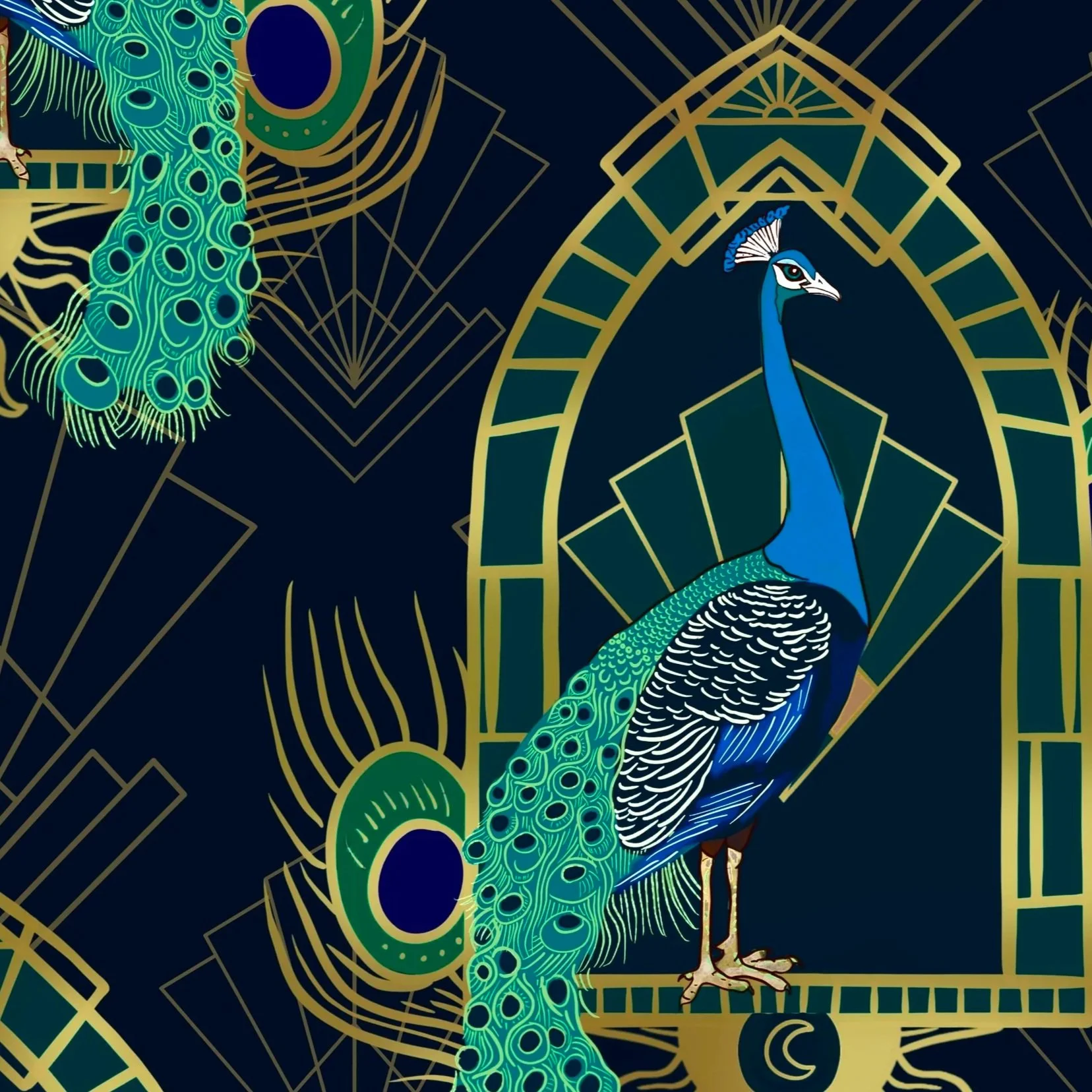 A repeating pattern with art deco peacock pattern with vibrant blue and green feathers, set within a stylized, outlined gold arch with geometric and art deco elements on a dark background.