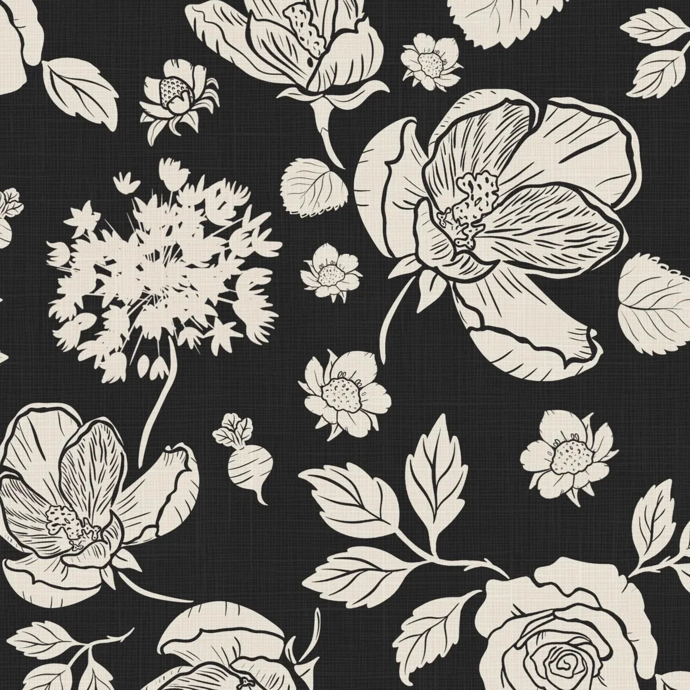 Black and white monochrome floral pattern design for textiles & homewares featuring roses, hibiscus, strawberries and leaves.