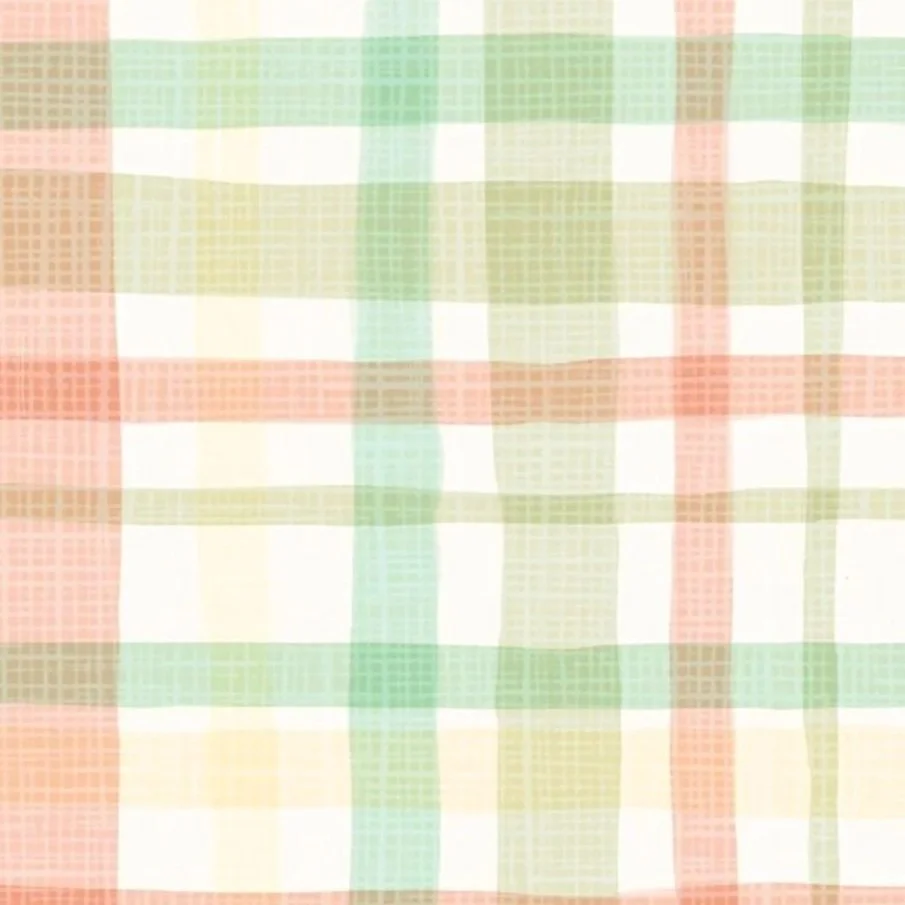 A pastel plaid pattern with intersecting lines in shades of peach, green, yellow, and white. Available to license on Patternbank by patternbank designer Victoria Kelland 