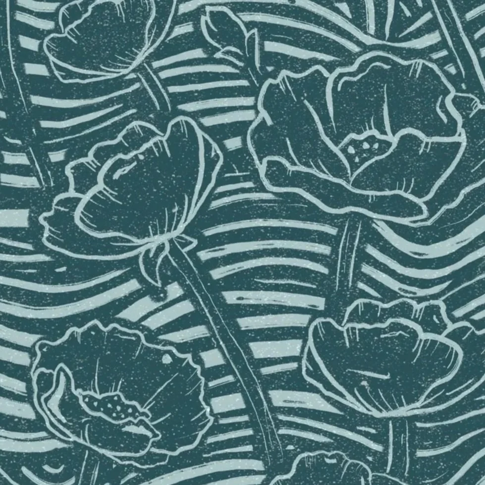 A decorative pattern featuring stylized poppies with flowing lines and wavy background elements in a monochromatic teal color scheme.