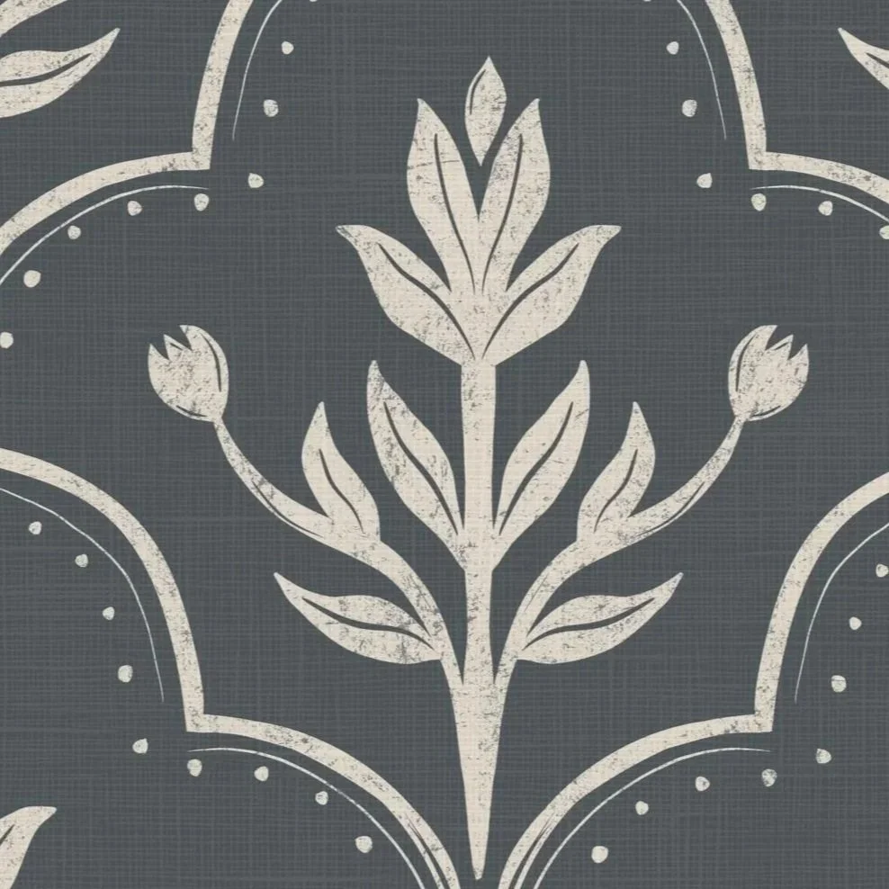 A repeating pattern of white floral motifs with leaves on a textured Navy background. Available to license on Patternbank. Large scale pattern, perfect for wallpaper, bedding and homewares