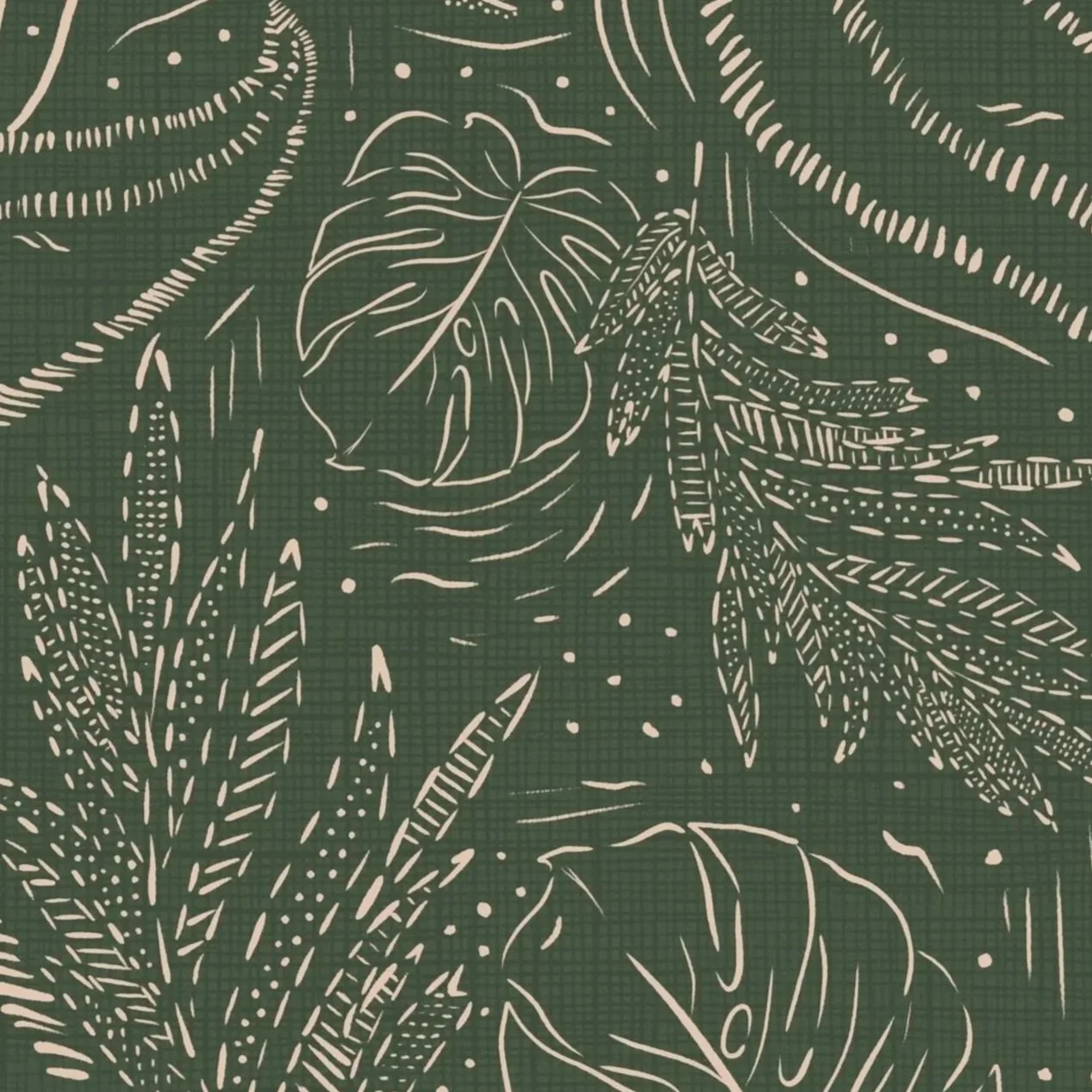 Pattern with various tropical leaves, including monstera and palm leaves, drawn in cream on a green background.