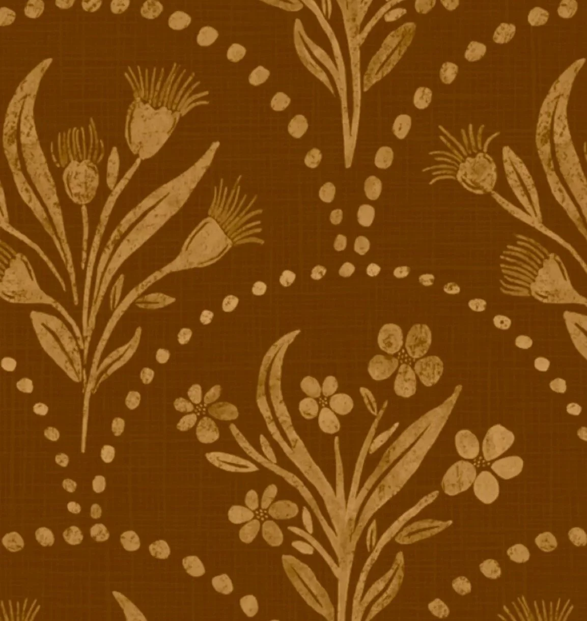 Brown surface with a vintage floral pattern featuring beige flowers and leaves connected by dotted lines, designed by Victoria Kelland.