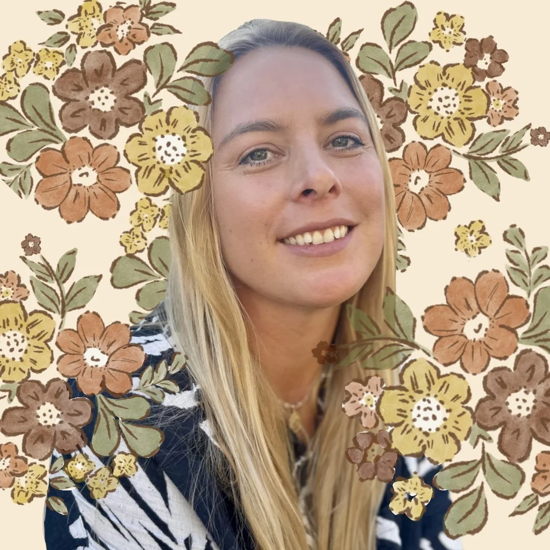 A woman with long blonde hair smiling, surrounded by a digital overlay of colorful flowers and leaves.