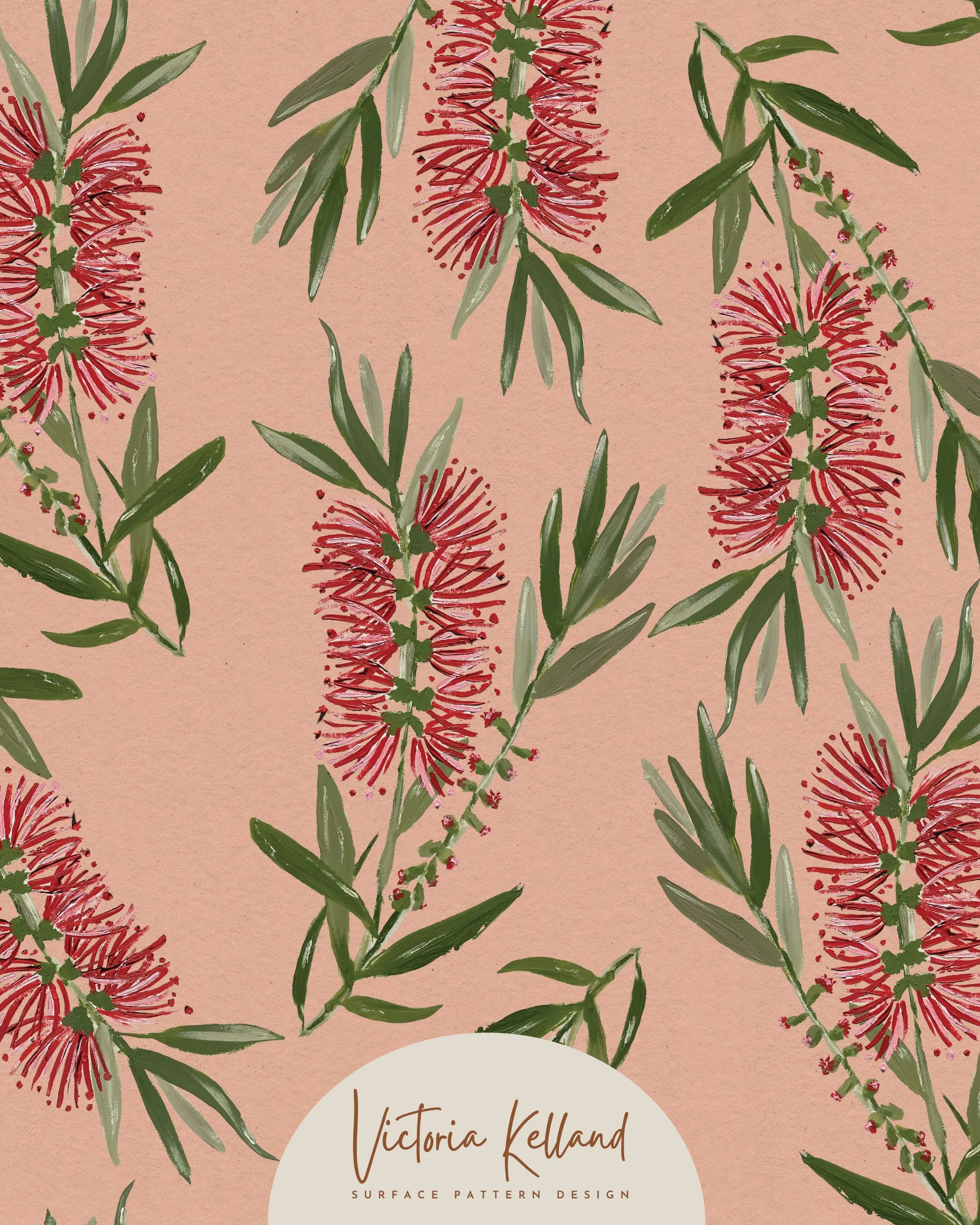 Australian Botanical Print featuring a hand painted Bottlebrush flowers & leaves, available to license privately by emailing me on hello@victoriakelland.com or can be purchased as wallpaper through the Spoonflower website