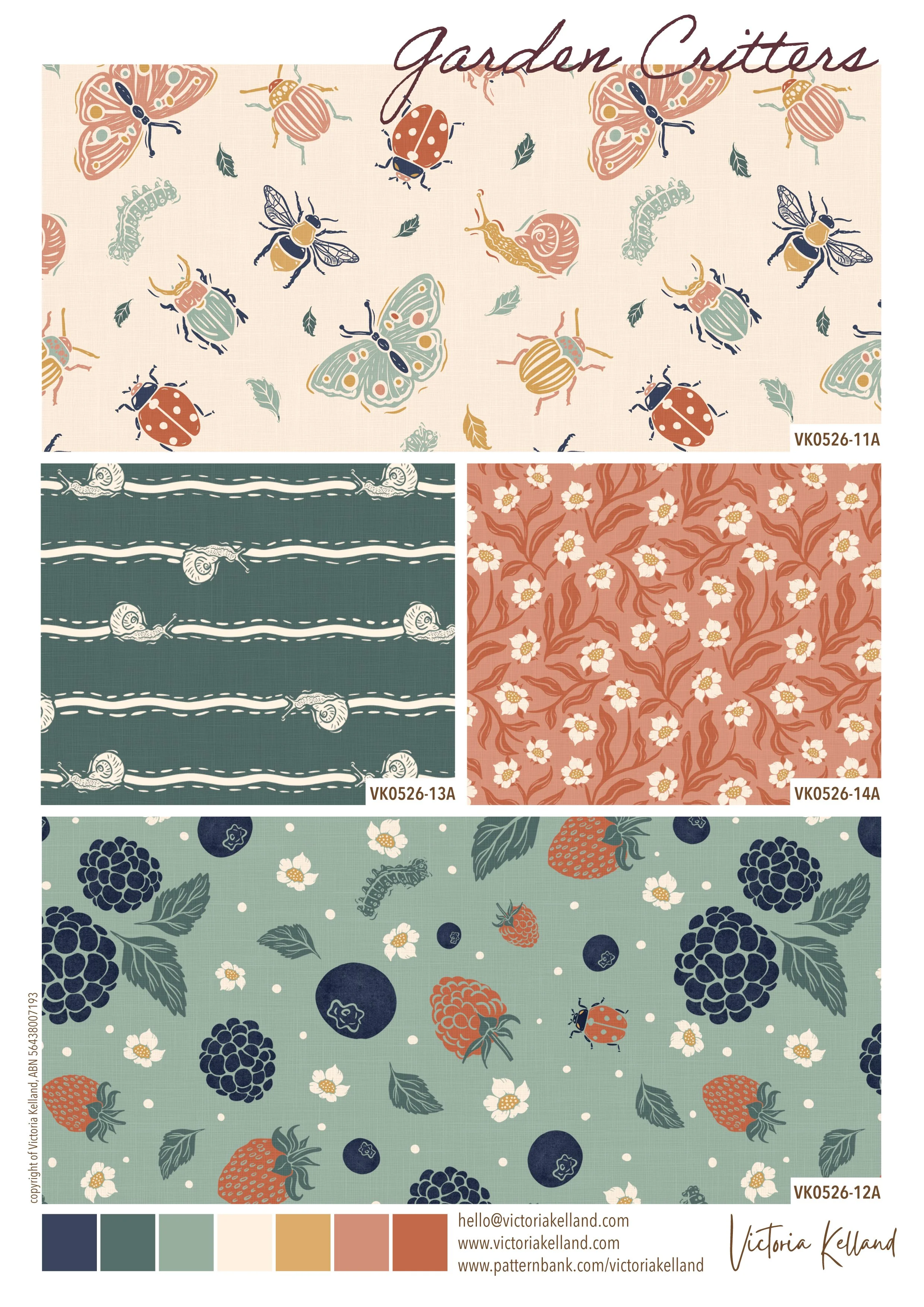 'Garden Critters' Print Collection for Kids Sleepwear & Intimate Apparel Prints. Visit www.patternbank.com/victoriakelland to license or email me on hello@victoriakelland.com with enquiries