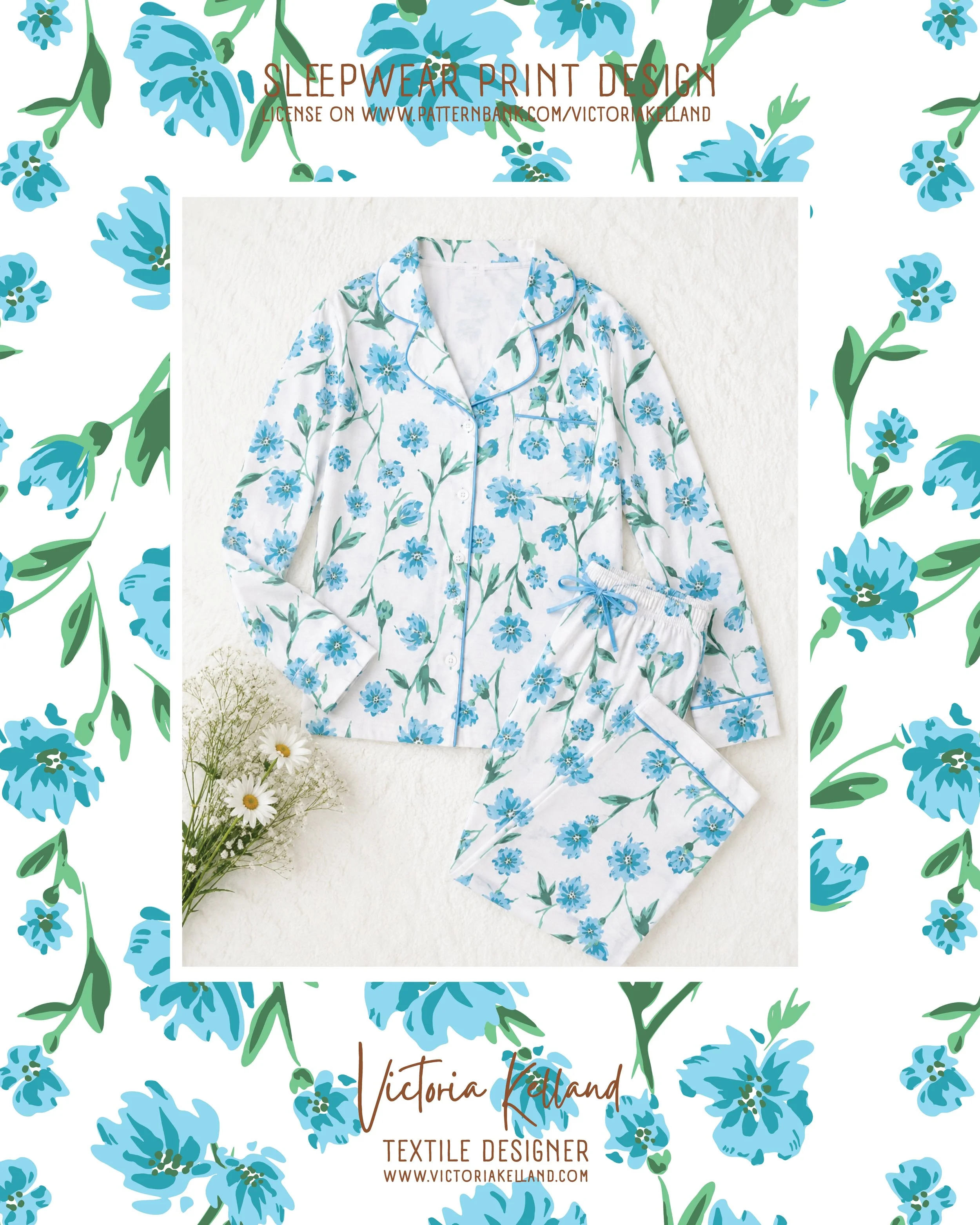 Blue Floral Sleepwear Print Design for Exclusive Licensing from Patternbank.com for ladies pyjamas or kids sleepwear design.

Adobe Illustrator Vector File, scale up to as large as you require without pixelation. Easily edited layered file with 4 col