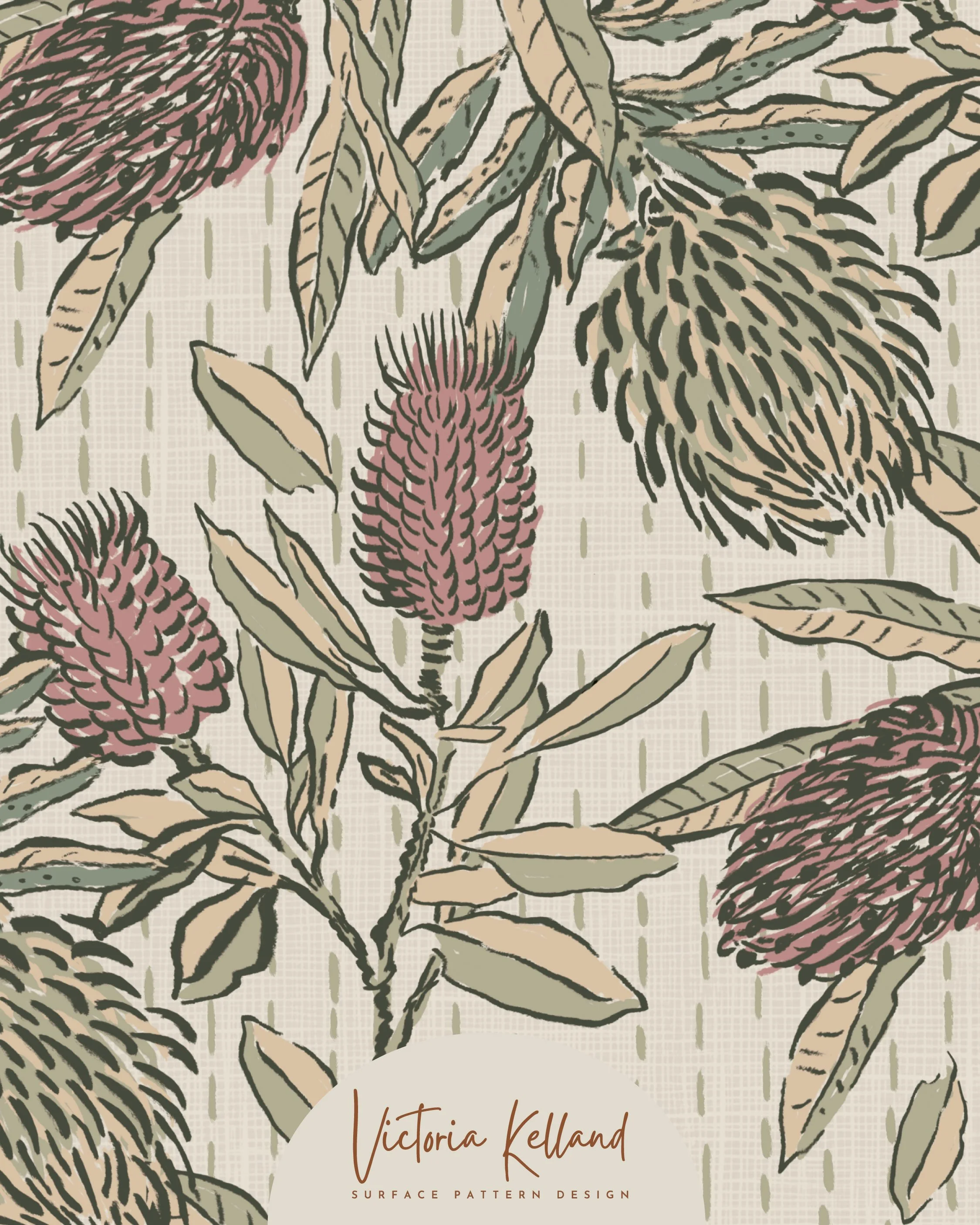 Australian Botanical Print featuring hand-drawn Banksia design with dash stripe, created into a seamless repeat print ready for licensing for apparel, textiles, wallpaper, homewares products or stationary/giftware. 