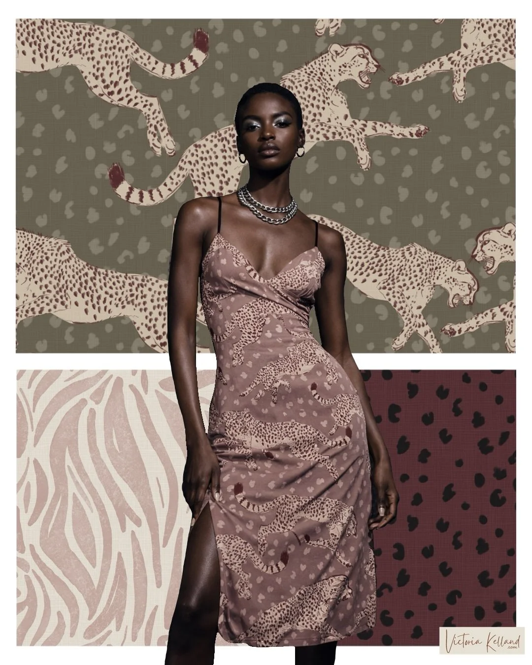 Animal Kingdom collection, featuring Cheetah Leap seamless repeat, pink zebra stripe and a simple cheetah dot pattern, all ready to license from Patternbank, with matching co-ordinating chest print. Suitable for Ladieswear, homewares, pyjamas and gif