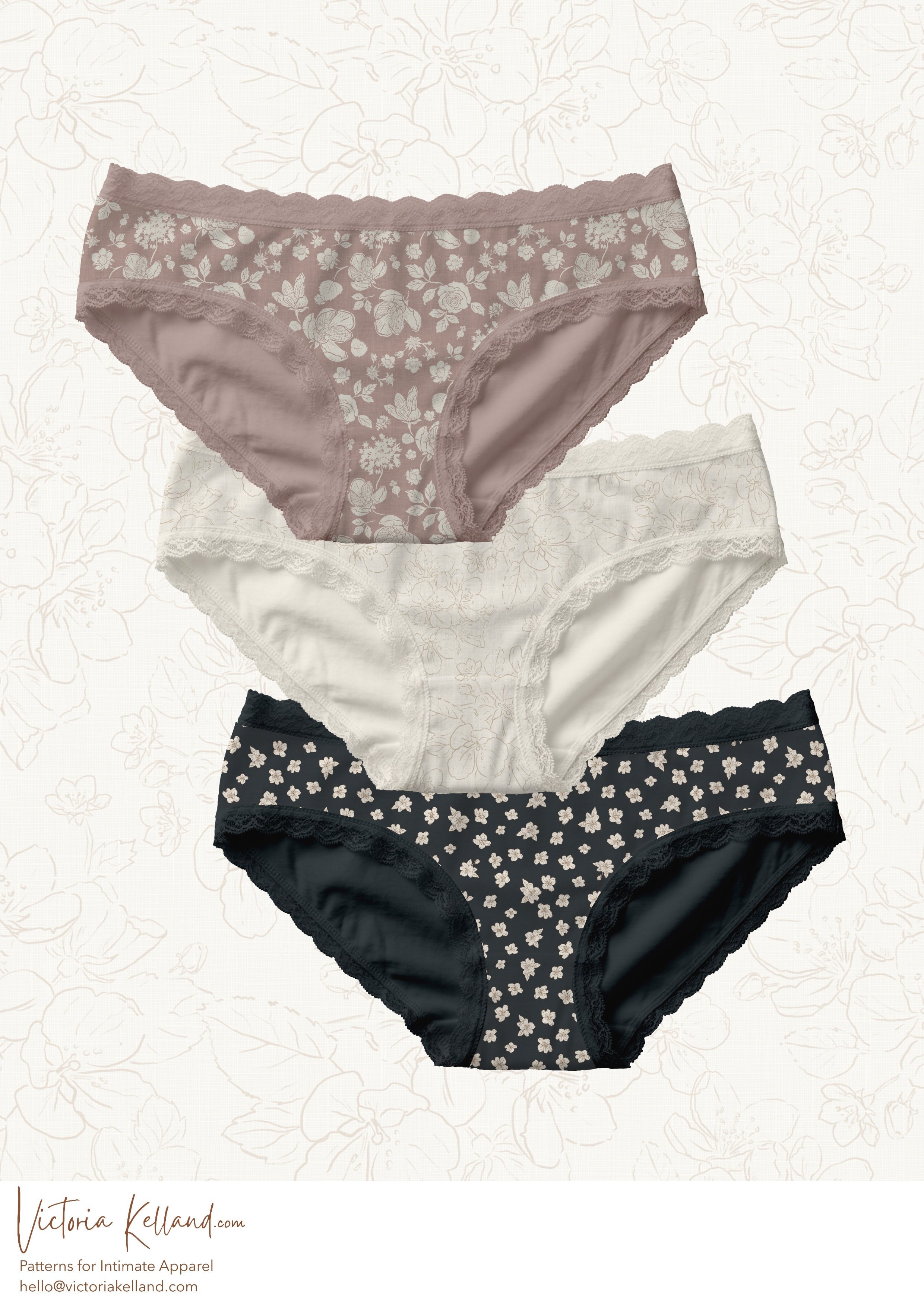 Three pairs of women's lace-trimmed floral-patterned underwear in mauve, white, and black with white floral designs.