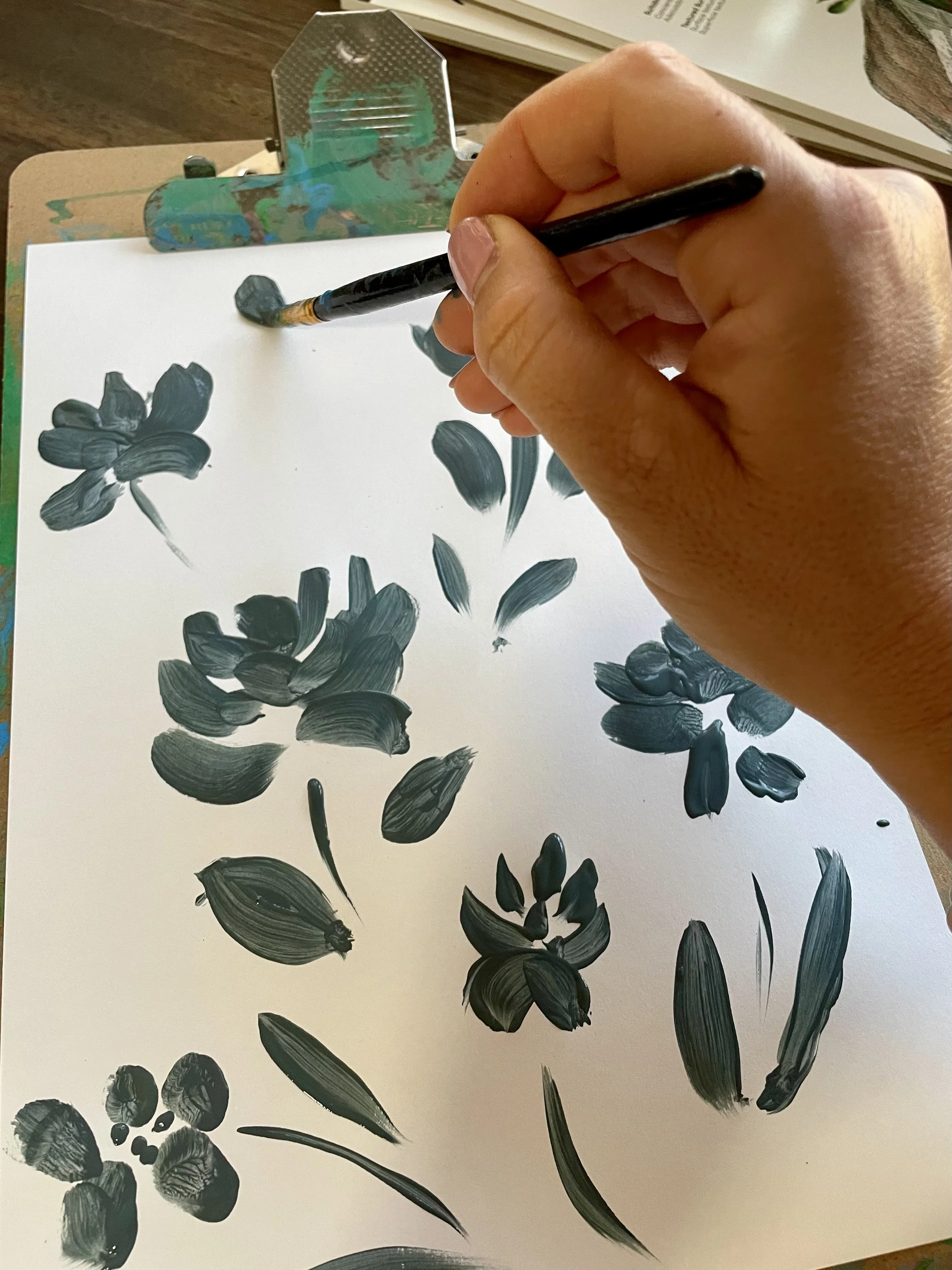 Painterly Floral Print in Progress, using acrylic paint, later edited in Adobe Photoshop. Ready to license through Patternbank.com