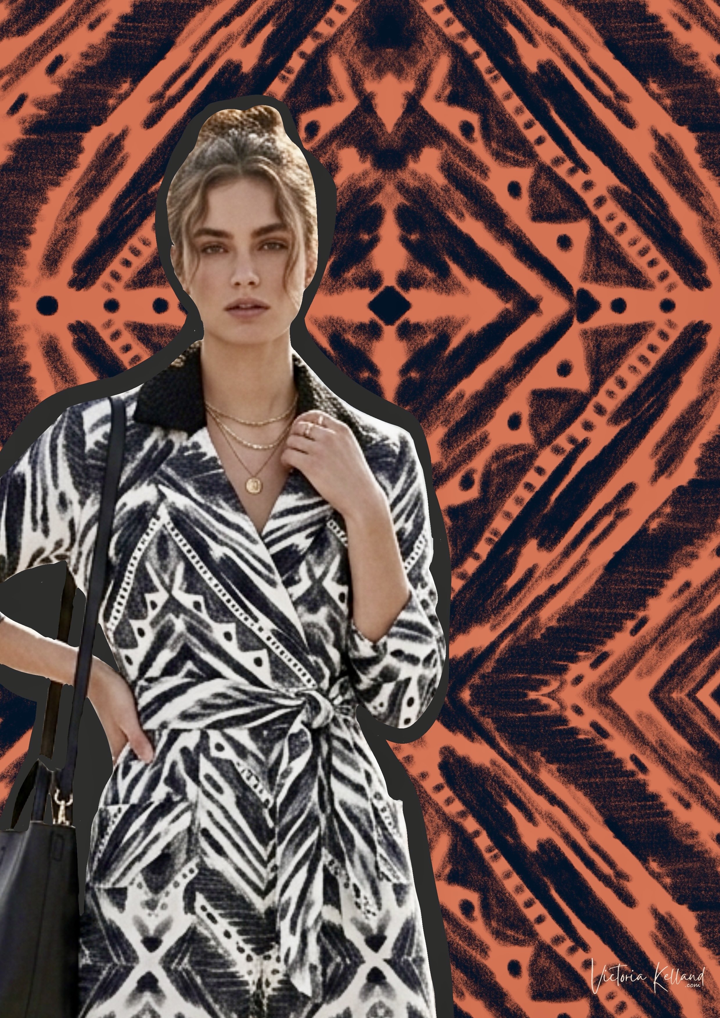 A woman with wavy hair styled in an updo wearing a black and white patterned dress with a knotted waist, layered necklaces, and a black handbag, standing against a background with an orange and black tribal geometric pattern.