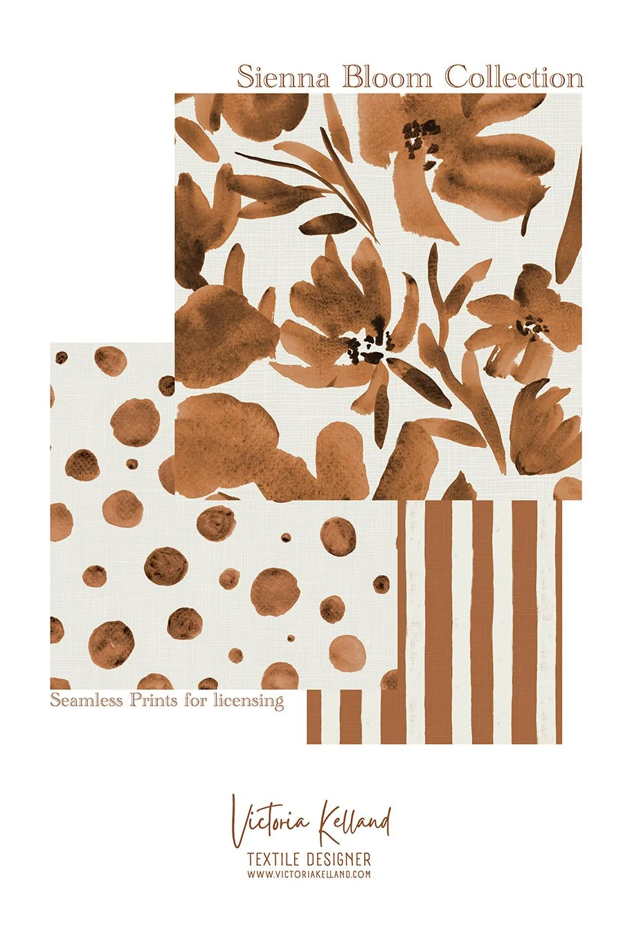 Sienna Bloom Print Collection: 
Watercolour Floral Print with Hand-Painted polka Dots & irregular stripe, available to license from Patternbank by Surface Pattern Designer Victoria Kelland
