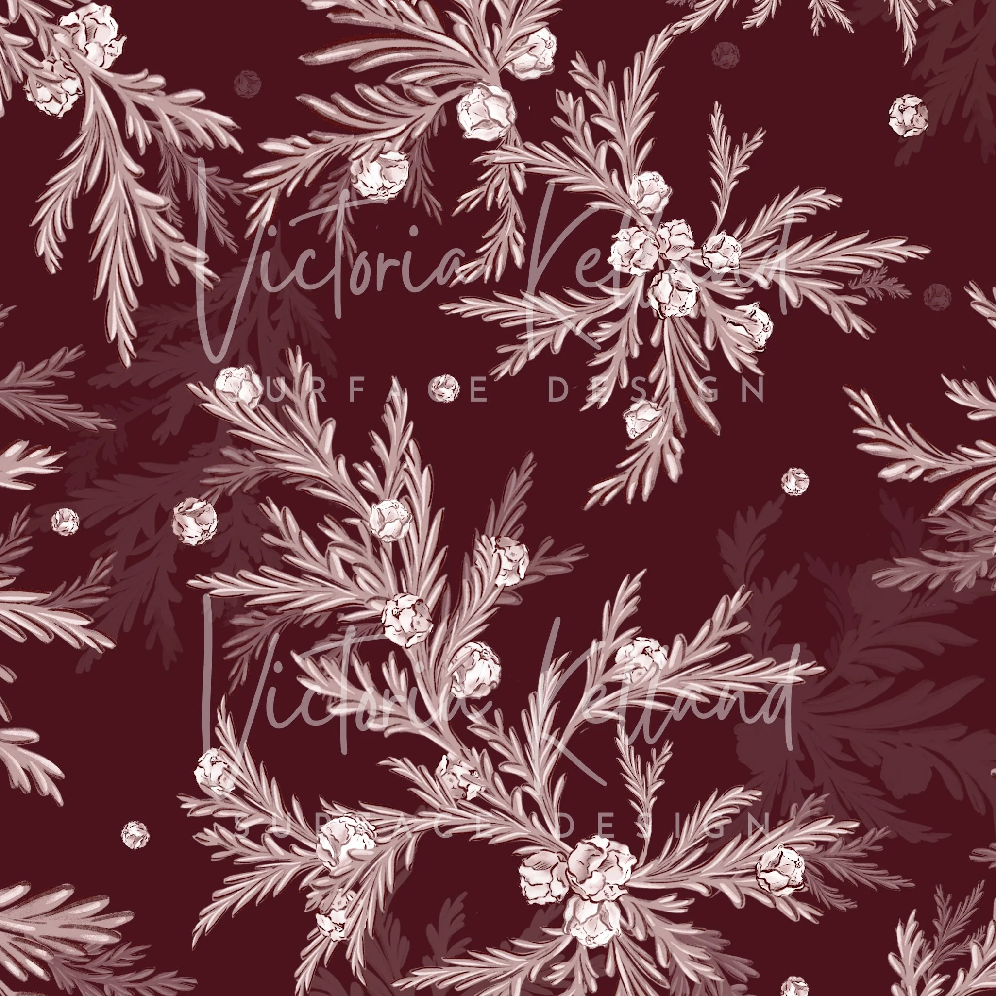 Winter Conifer Print Burgundy Light1b_Victoria Kelland.jpg